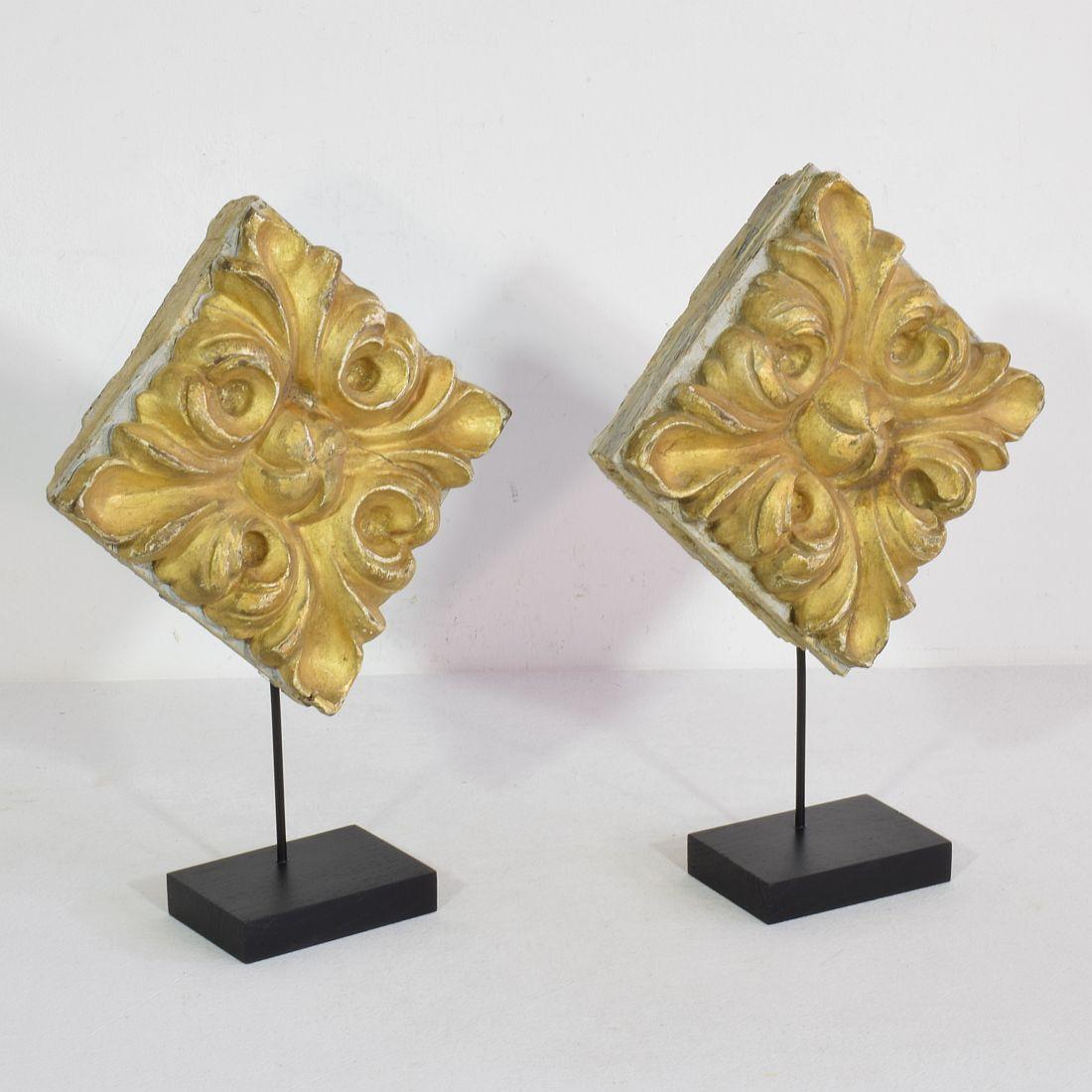 Hand-Carved Pair 18th Century Portuguese Neoclassical Giltwood Floral Ornaments