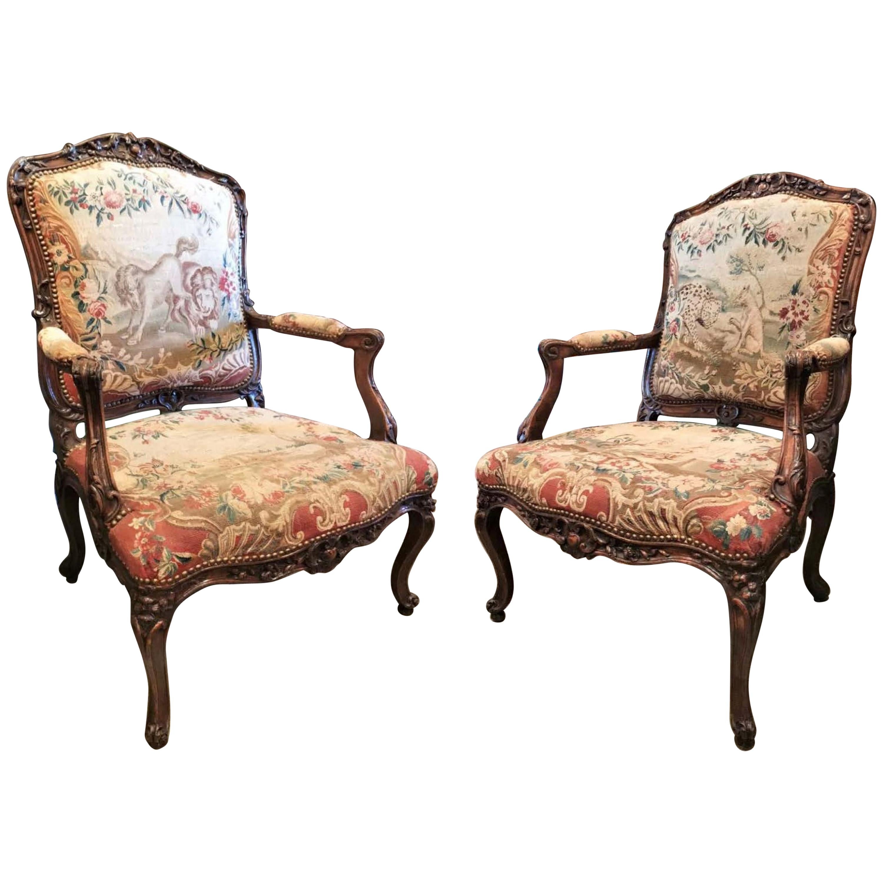 Pair of Regence Fauteuils Armchairs Original Aubusson Tapestry Antique For Sale