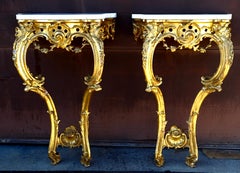 Pair 18th Century Rococo Style Carved Giltwood Marble Top Side Tables