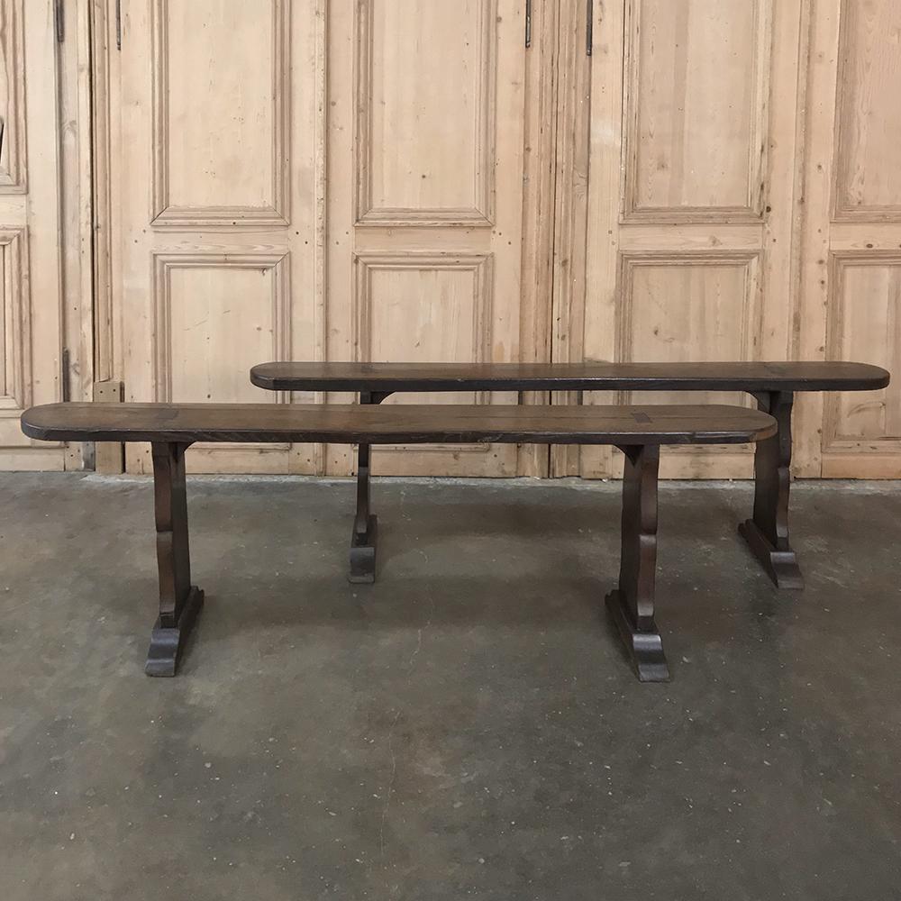Pair of 18th century rustic benches were built with full mortise and tenon construction completely by hand out of solid planks of old-growth oak to last for centuries,
circa 1770s.
Each measures: 19.5 H x 64 W x 8 D.