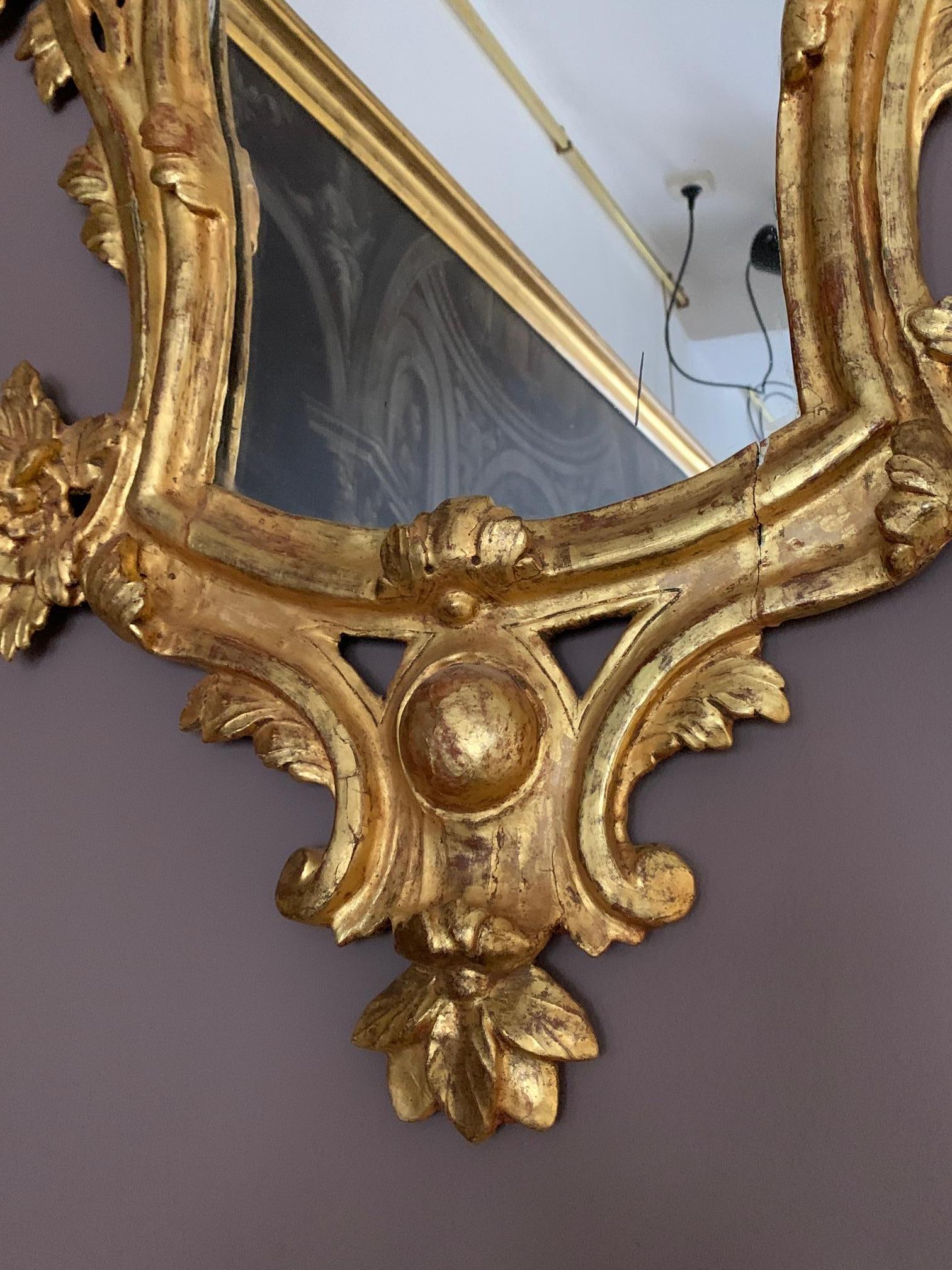 Hand-Carved Pair of 18th Century Spanish Charles III Carved Gilded Wood Mirrors For Sale