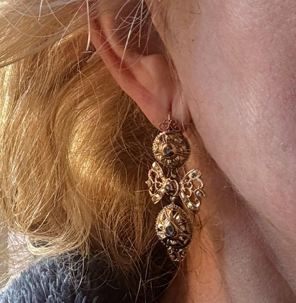 Pair 18th Century Spanish Rose-Cut Diamond and  18 K Gold Earring - Wearable Art For Sale 9