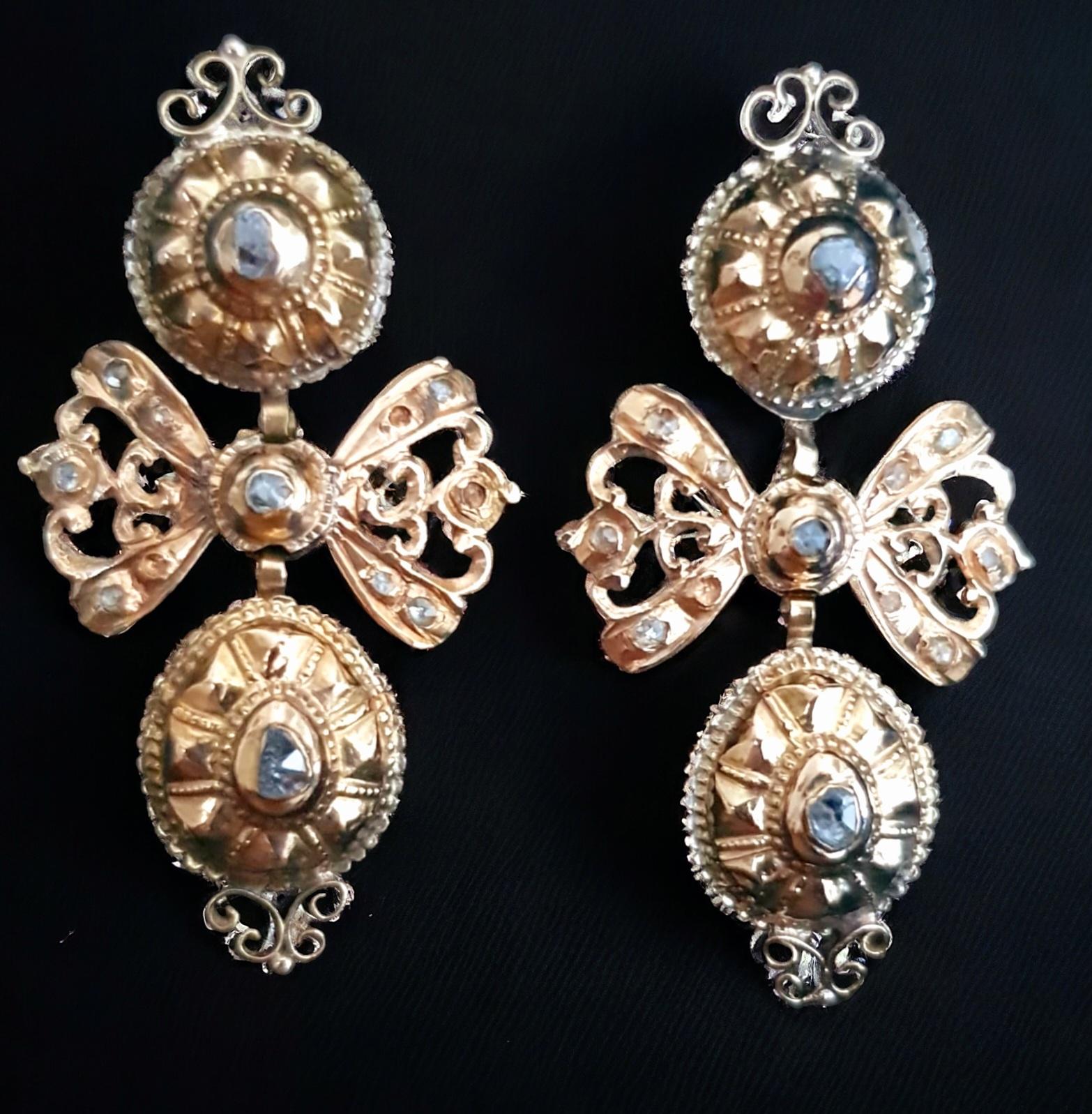 Rose Cut Pair 18th Century Spanish Rose-Cut Diamond and  18 K Gold Earring - Wearable Art For Sale