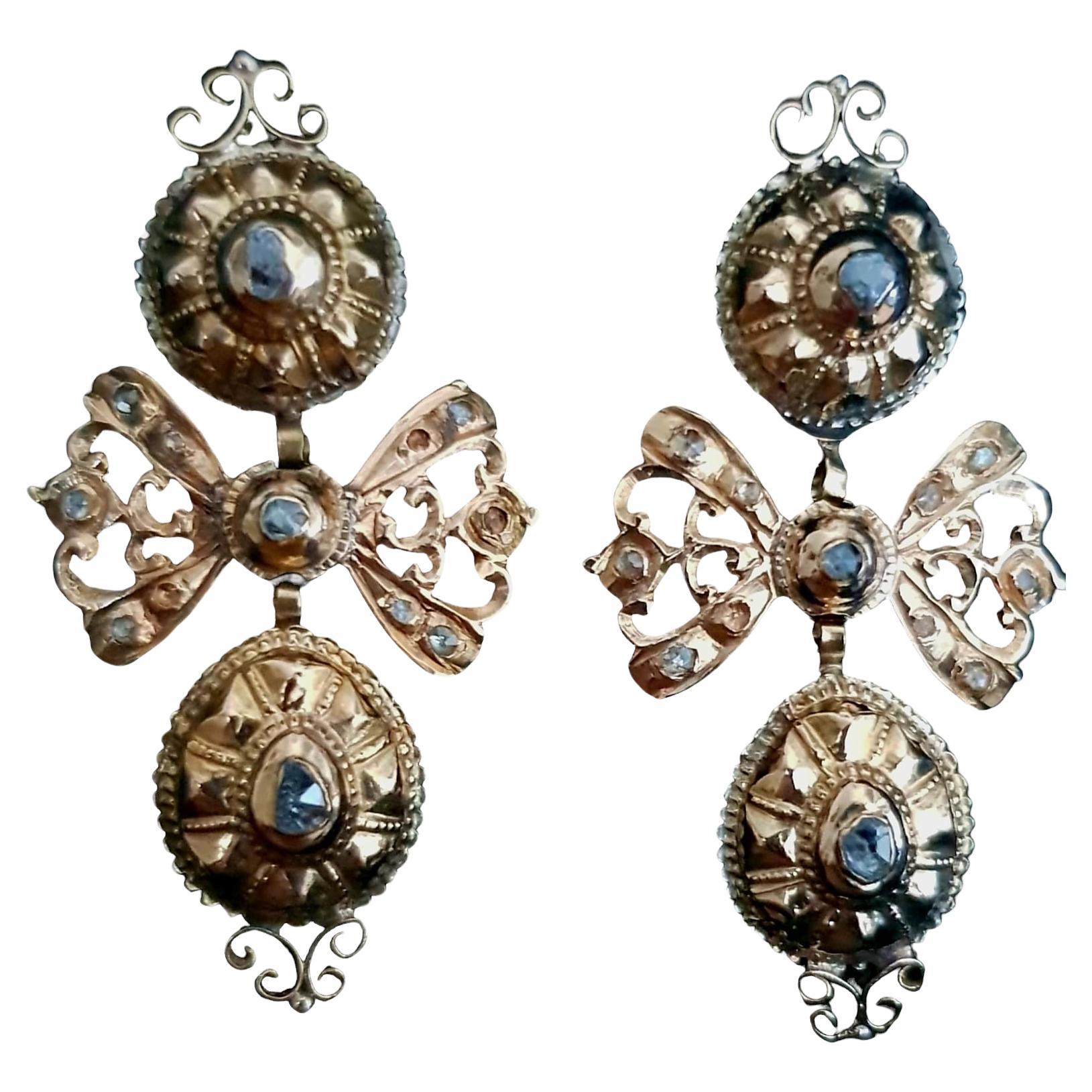 Pair 18th Century Spanish Rose-Cut Diamond and  18 K Gold Earring - Wearable Art For Sale