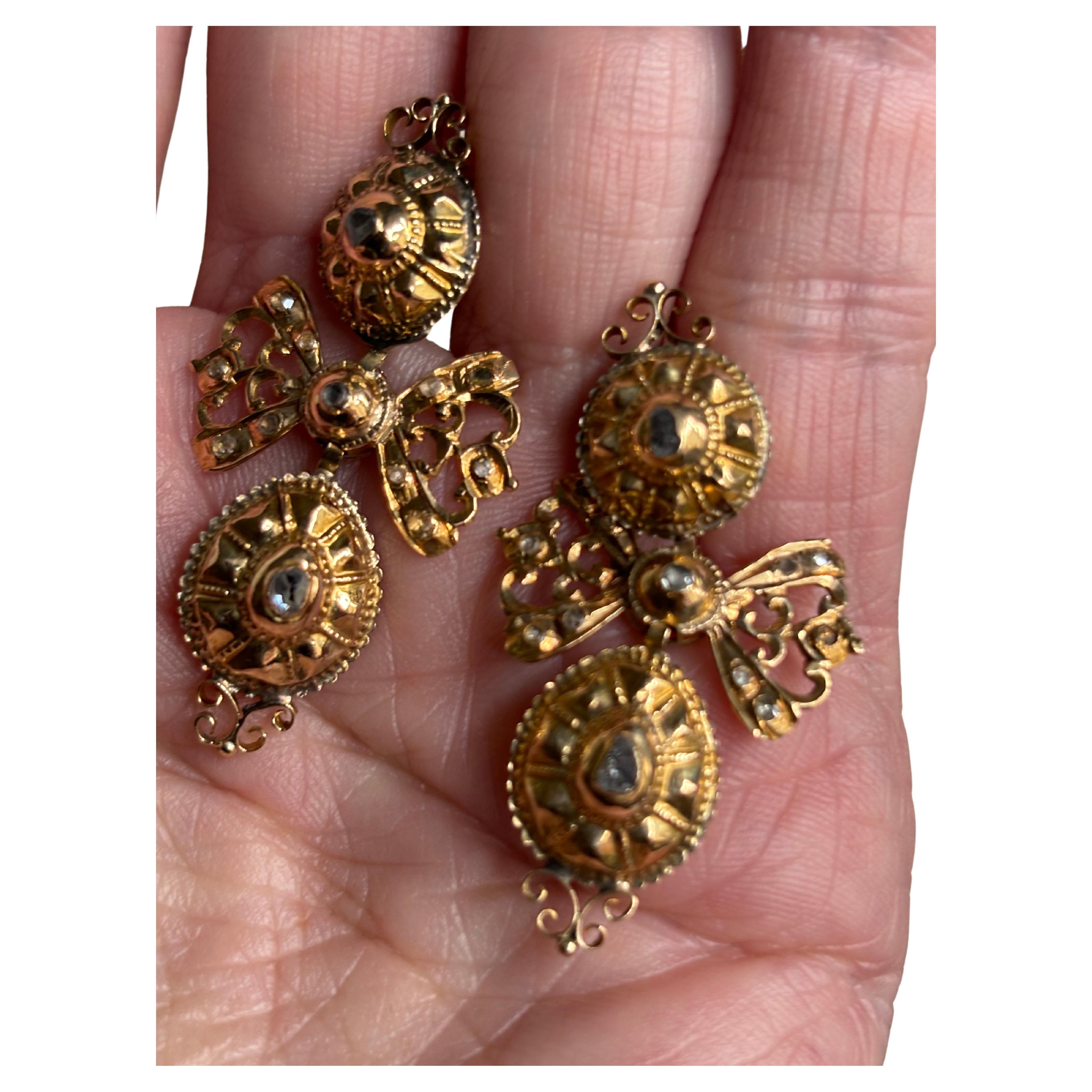 Pair 18th Century Spanish Rose-Cut Diamond and  18 K Gold Earring - Wearable Art