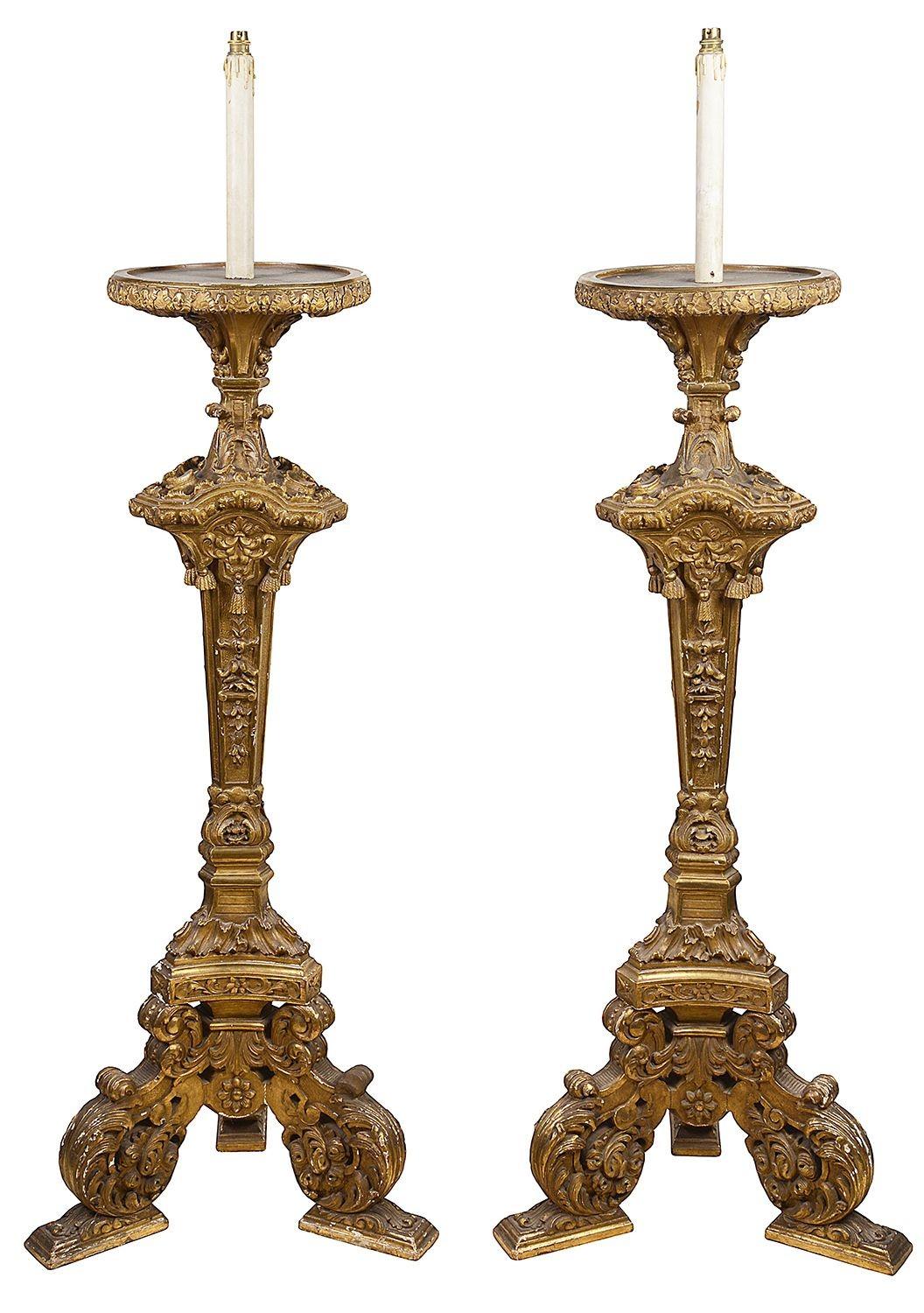 Italian Pair 18th Century Style Carved Gilt Wood Torchers / Lamps