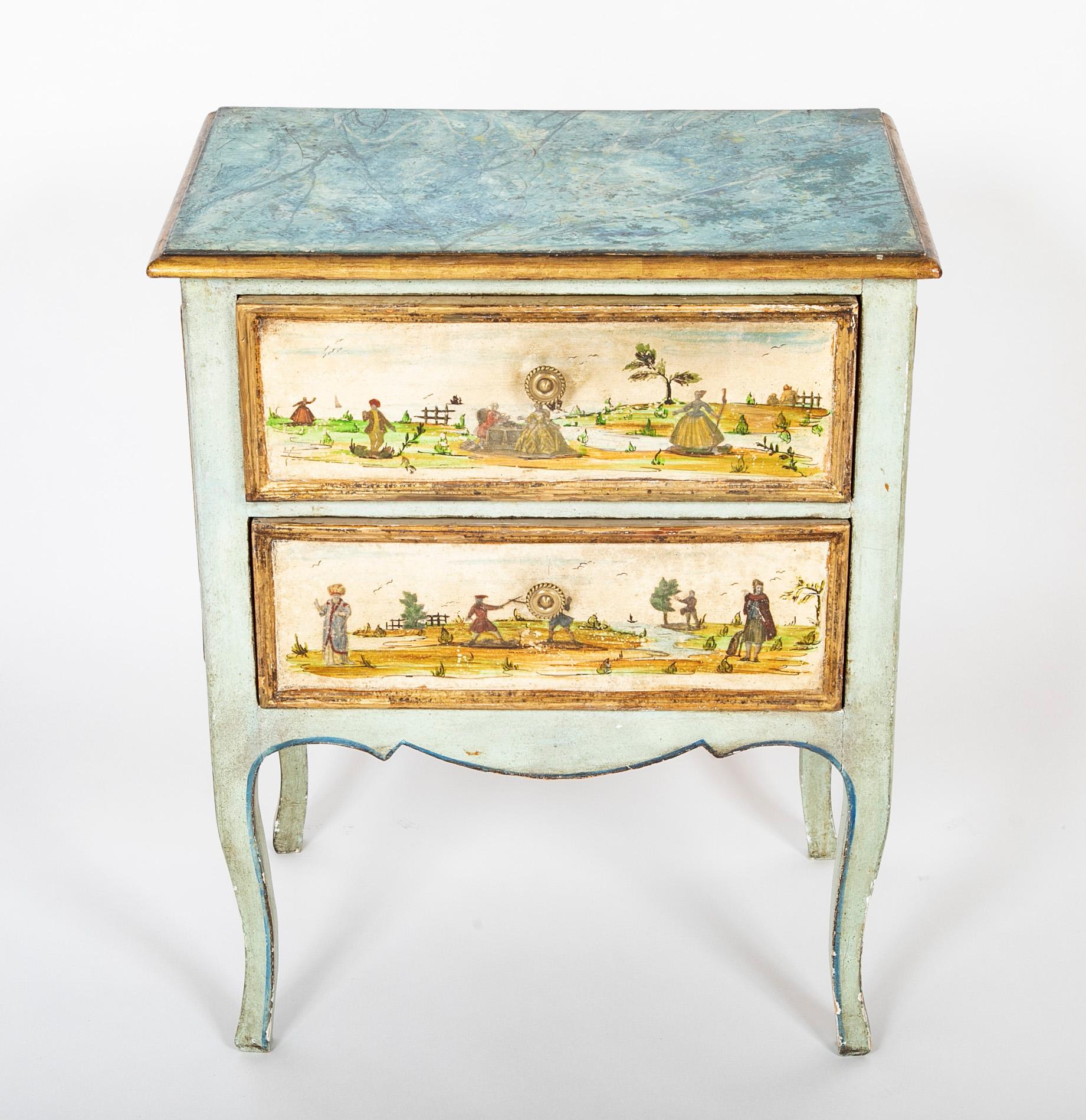 Charming pair of 19th century Italian painted and Lacca Povera small scale two drawer commodes in the 18th century Venetian style. Each with various scenes on the drawer fronts and sides in the graceful and naive style typical of lacca povera. The