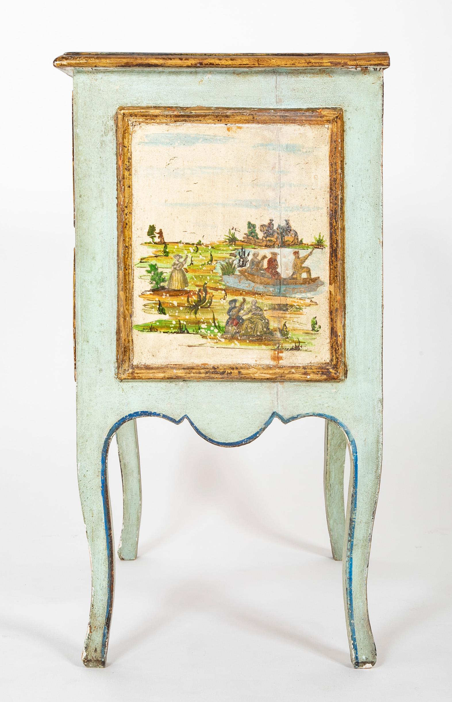 Découpage Pair 18th Century Style Venetian Painted Lacca Povera Bedside Commodes