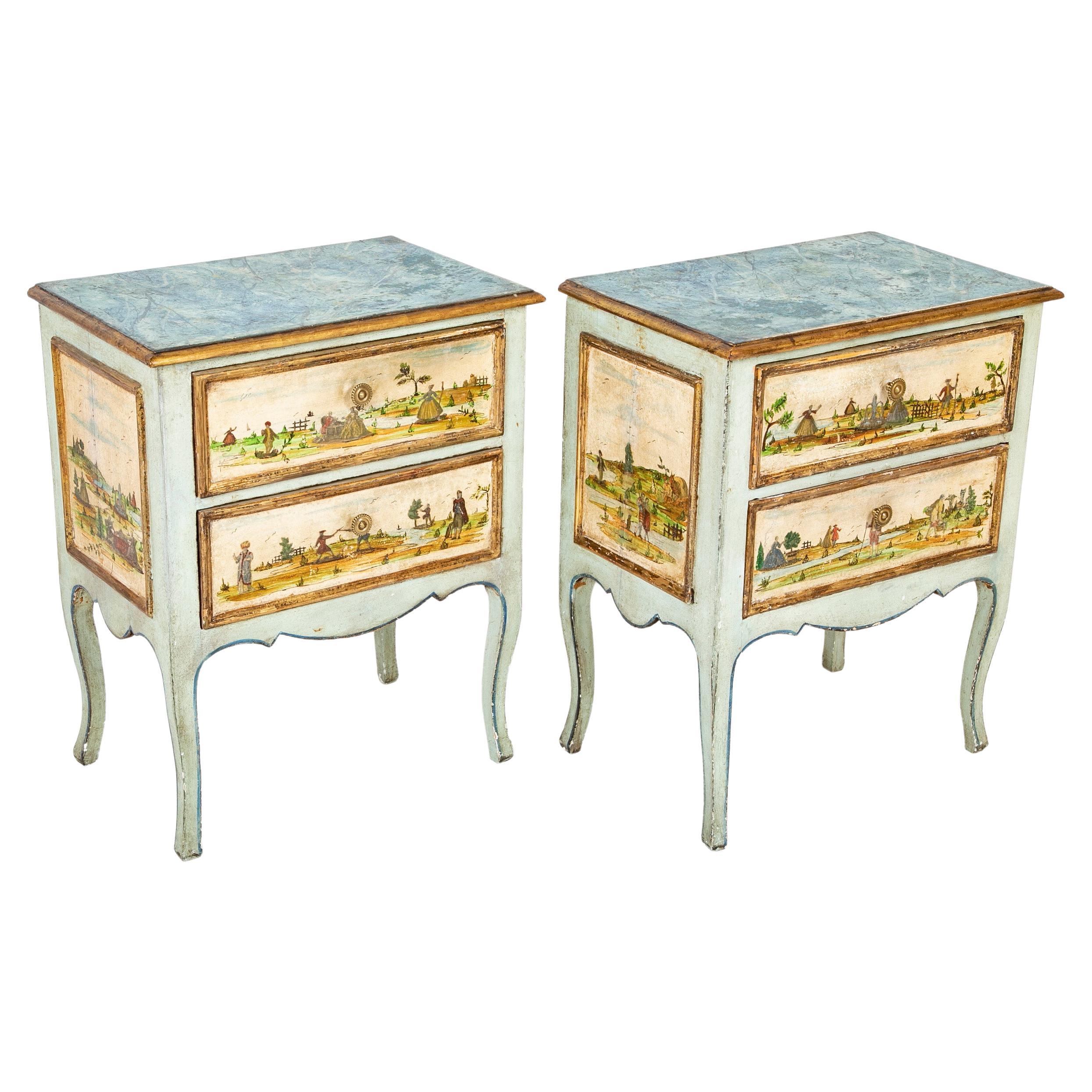 Pair 18th Century Style Venetian Painted Lacca Povera Bedside Commodes