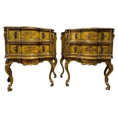 Pair 18th Century Venetian Rococo Polychrome Painted Bombe Commodes Lacca