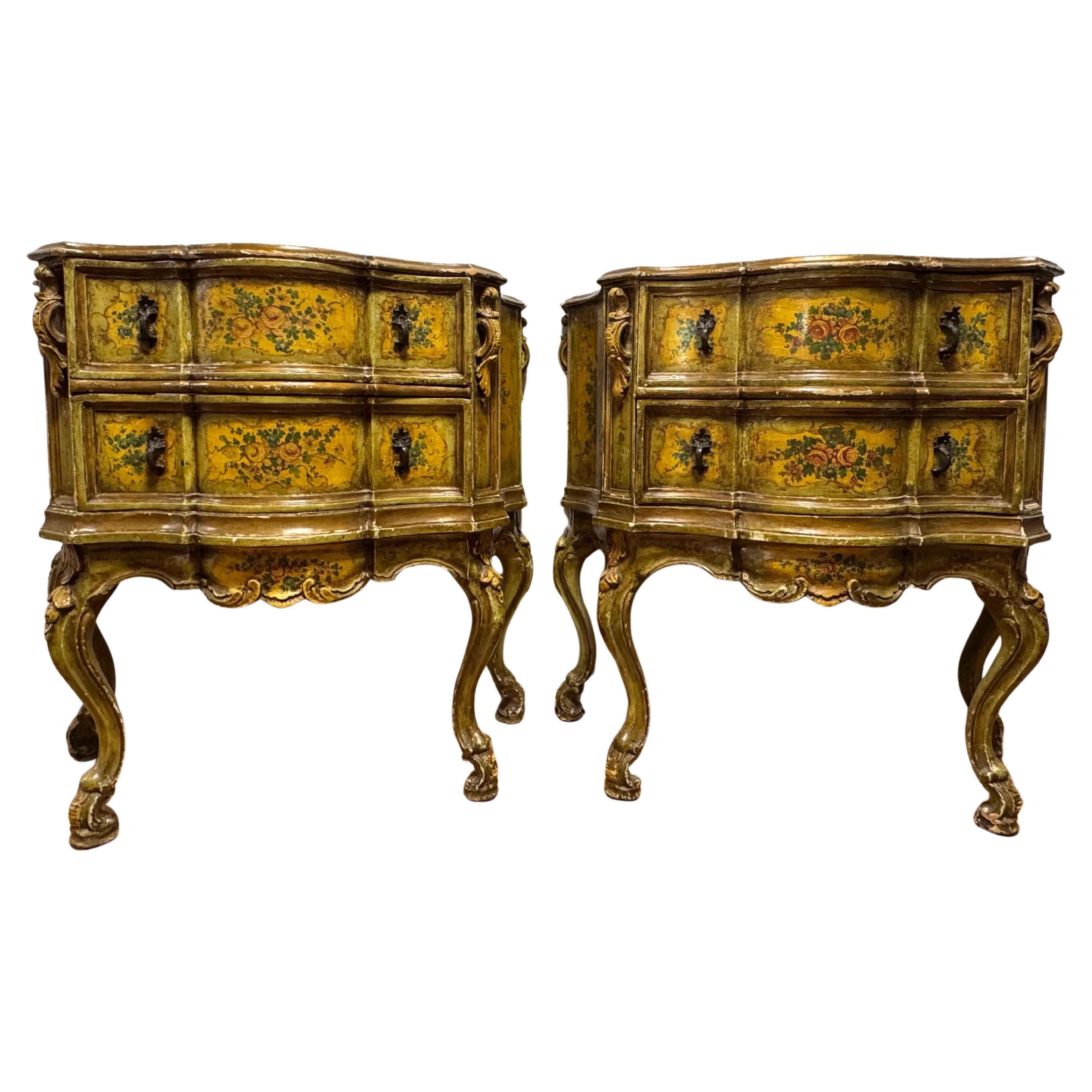 Pair 18th Century Venetian Rococo Polychrome Painted Bombe Commodes Lacca For Sale