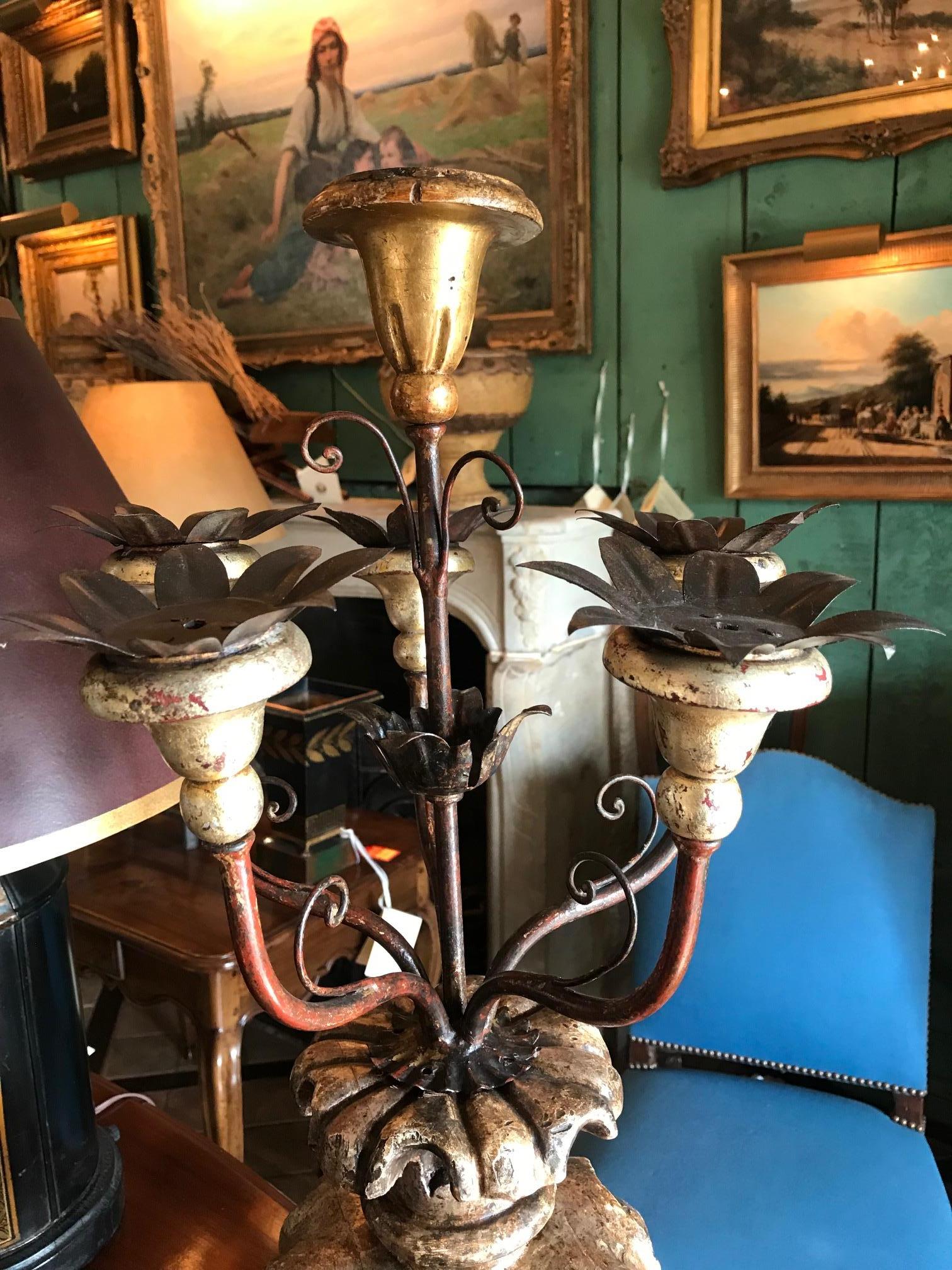 18th Century Wooden & Metal Light Candelabra Antique Gift Object Accent LA, Pair For Sale 4