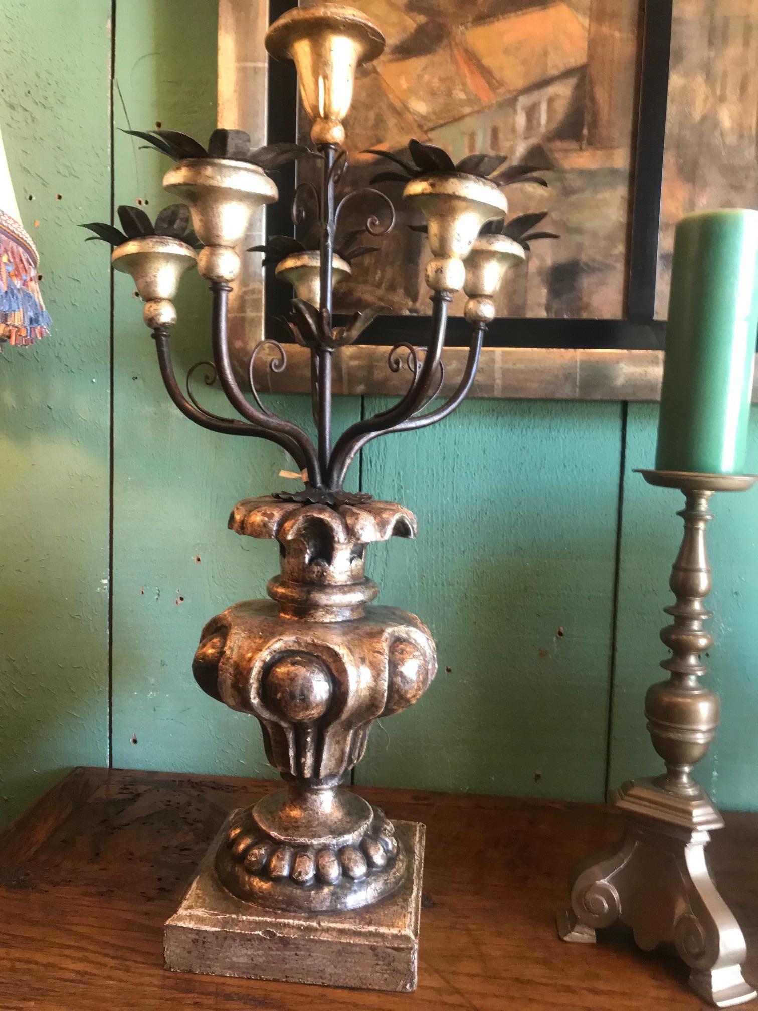 European 18th Century Wooden & Metal Light Candelabra Antique Gift Object Accent LA, Pair For Sale