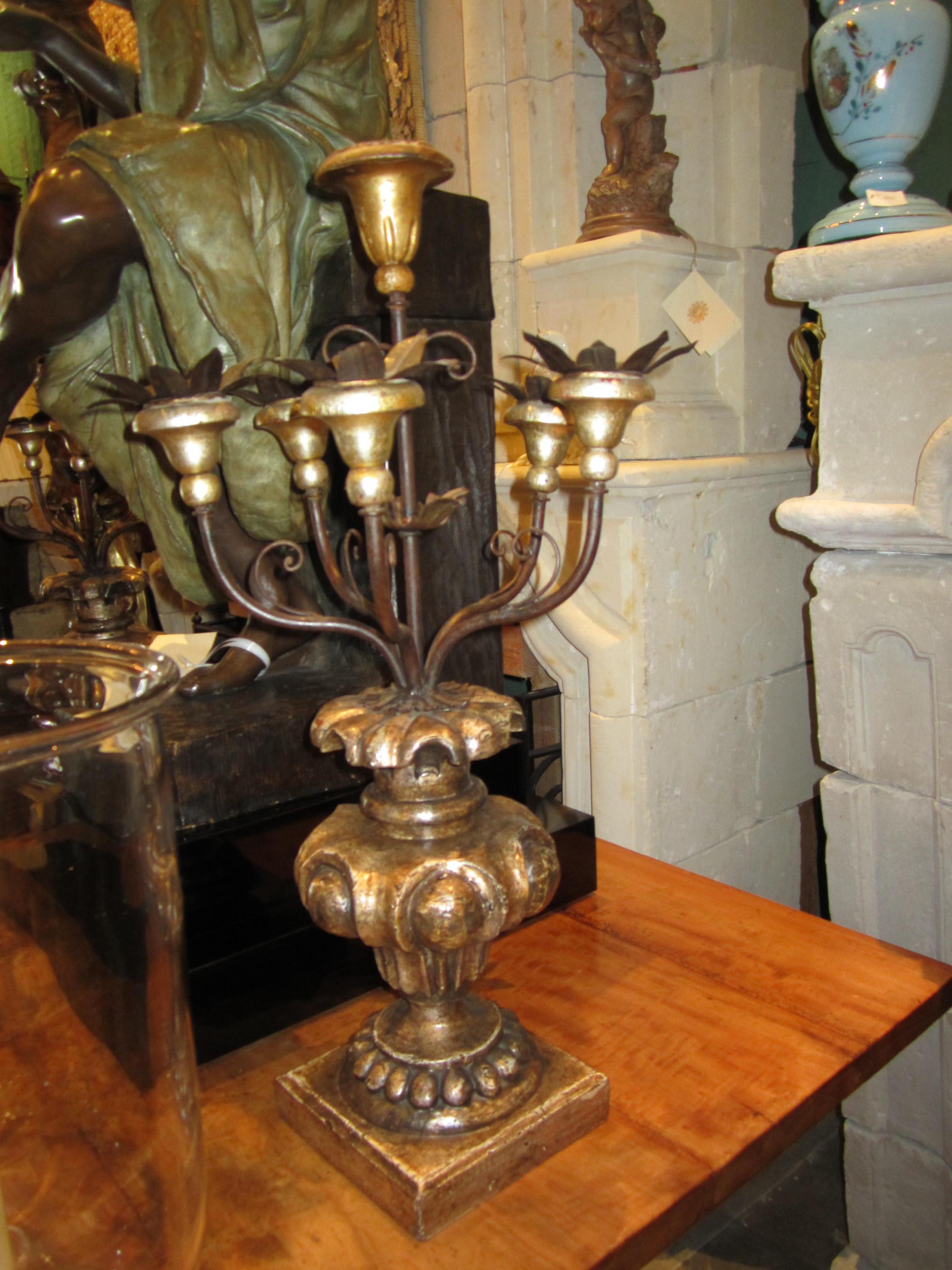 18th Century Wooden & Metal Light Candelabra Antique Gift Object Accent LA, Pair In Good Condition For Sale In West Hollywood, CA