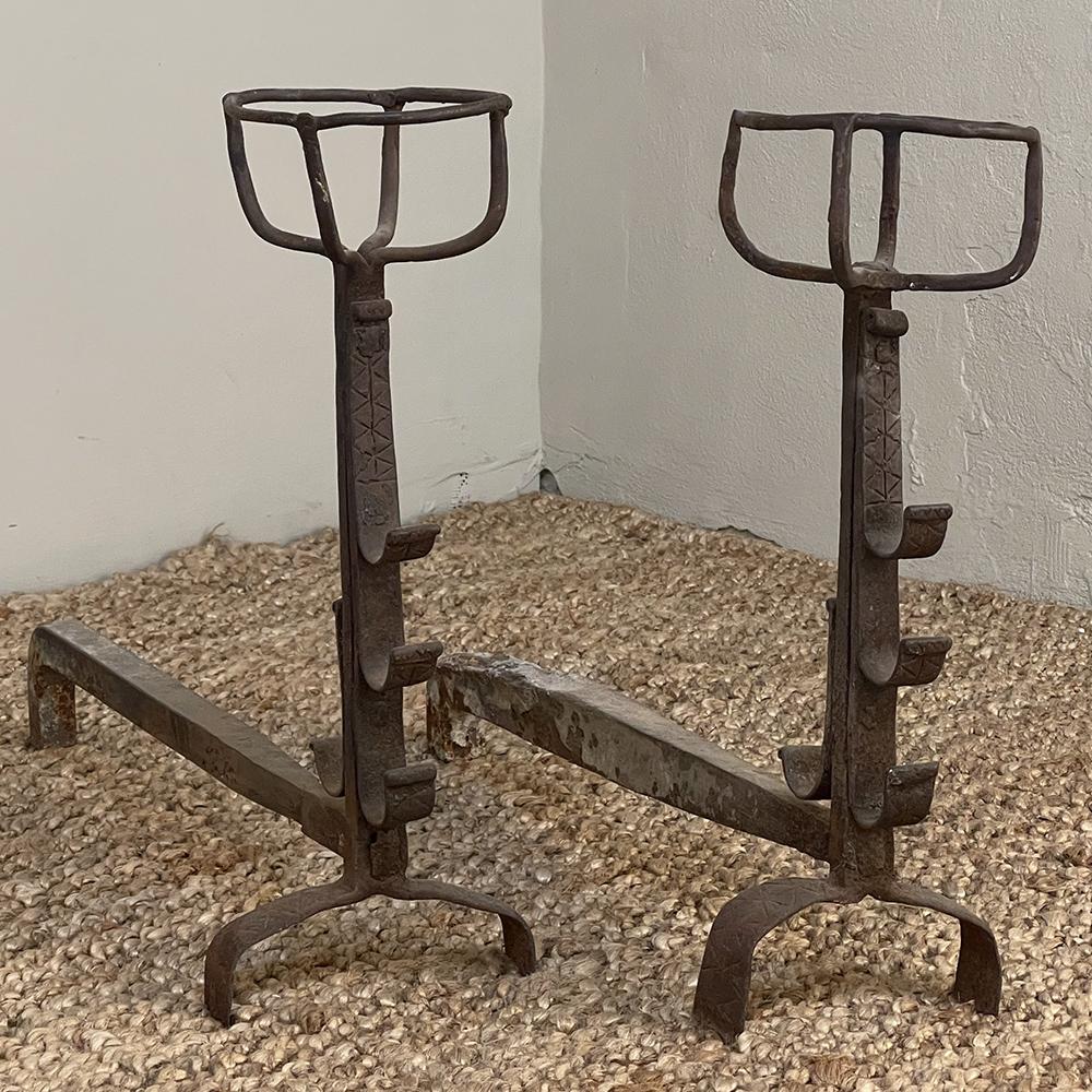 Rustic Pair 18th Century Wrought Iron Andirons For Sale