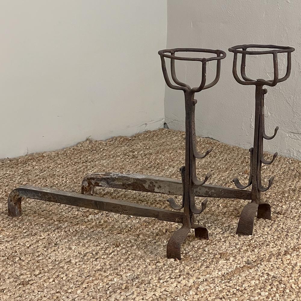 Hand-Crafted Pair 18th Century Wrought Iron Andirons For Sale