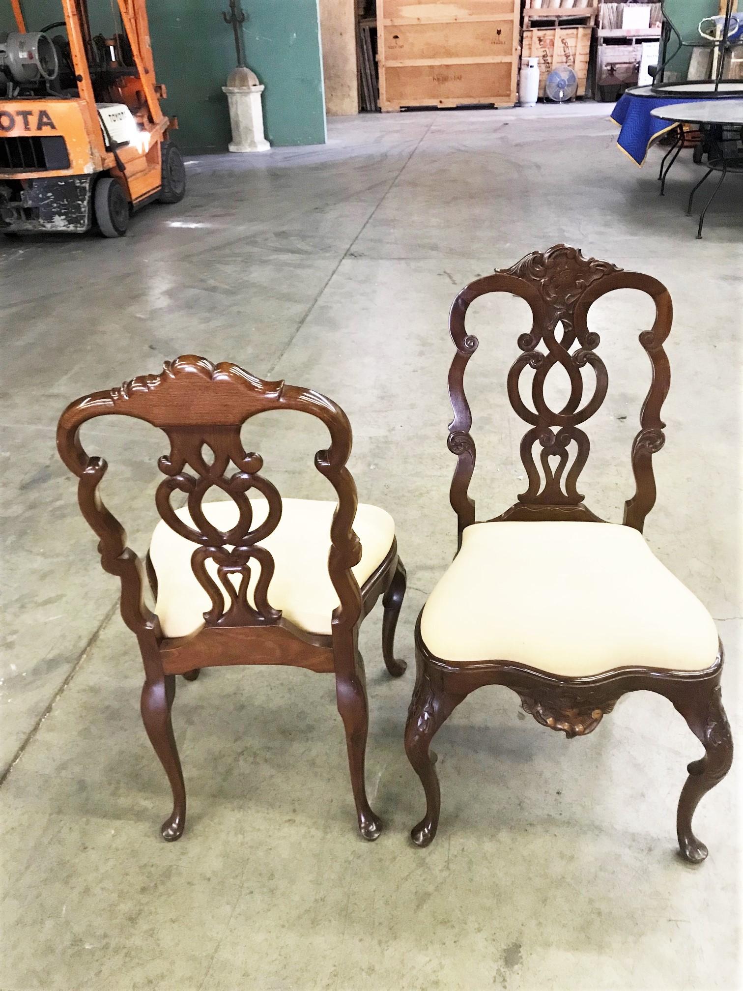 Hand-Carved Pair Portuguese Rococo Jacaranda Hand carved Wood Dining Side Chairs Antique LA For Sale