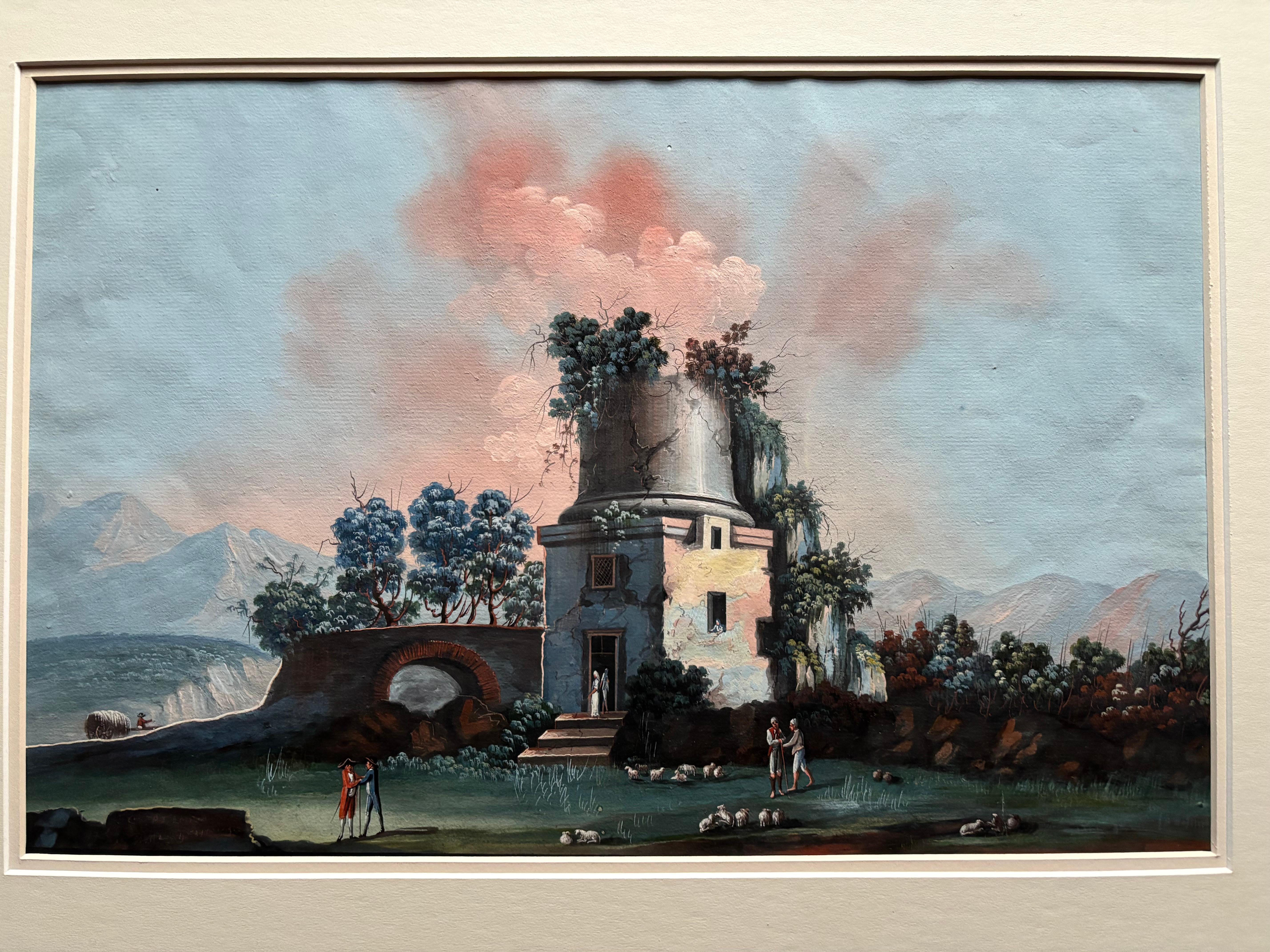 Pair 18th or 19th Century Italian Grand Tour Gouaches Of Vesuvius, Bay of Naples For Sale 4