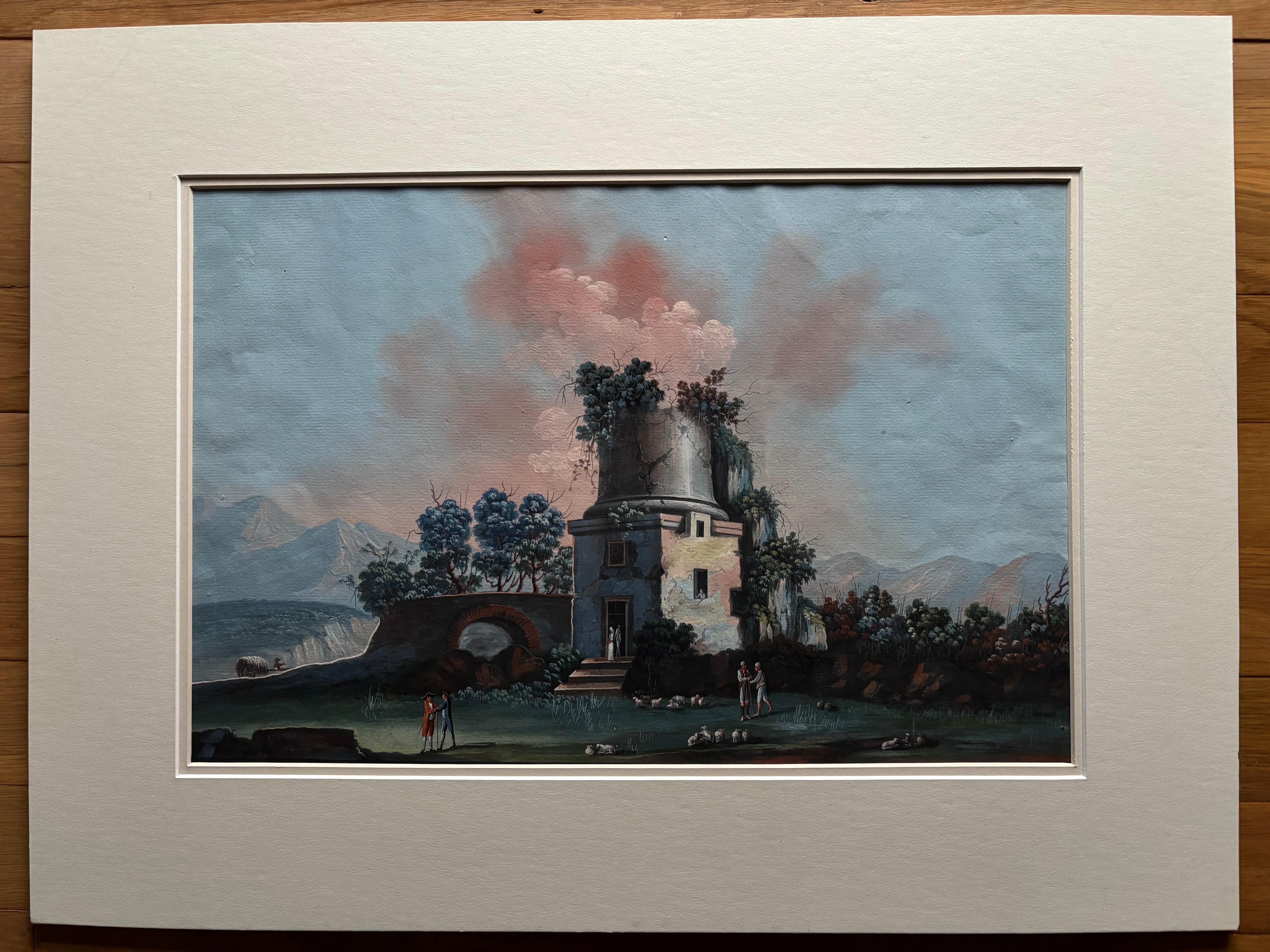 Pair of 18th or 19th century Neapolitan gouaches of Virgil's Tomb, one with a view of Mount Vesuvius and the Bay of Naples. This is a wonderful high quality pair of a rare subject. At first I thought it is the front and reverse of Virgil Tomb, but