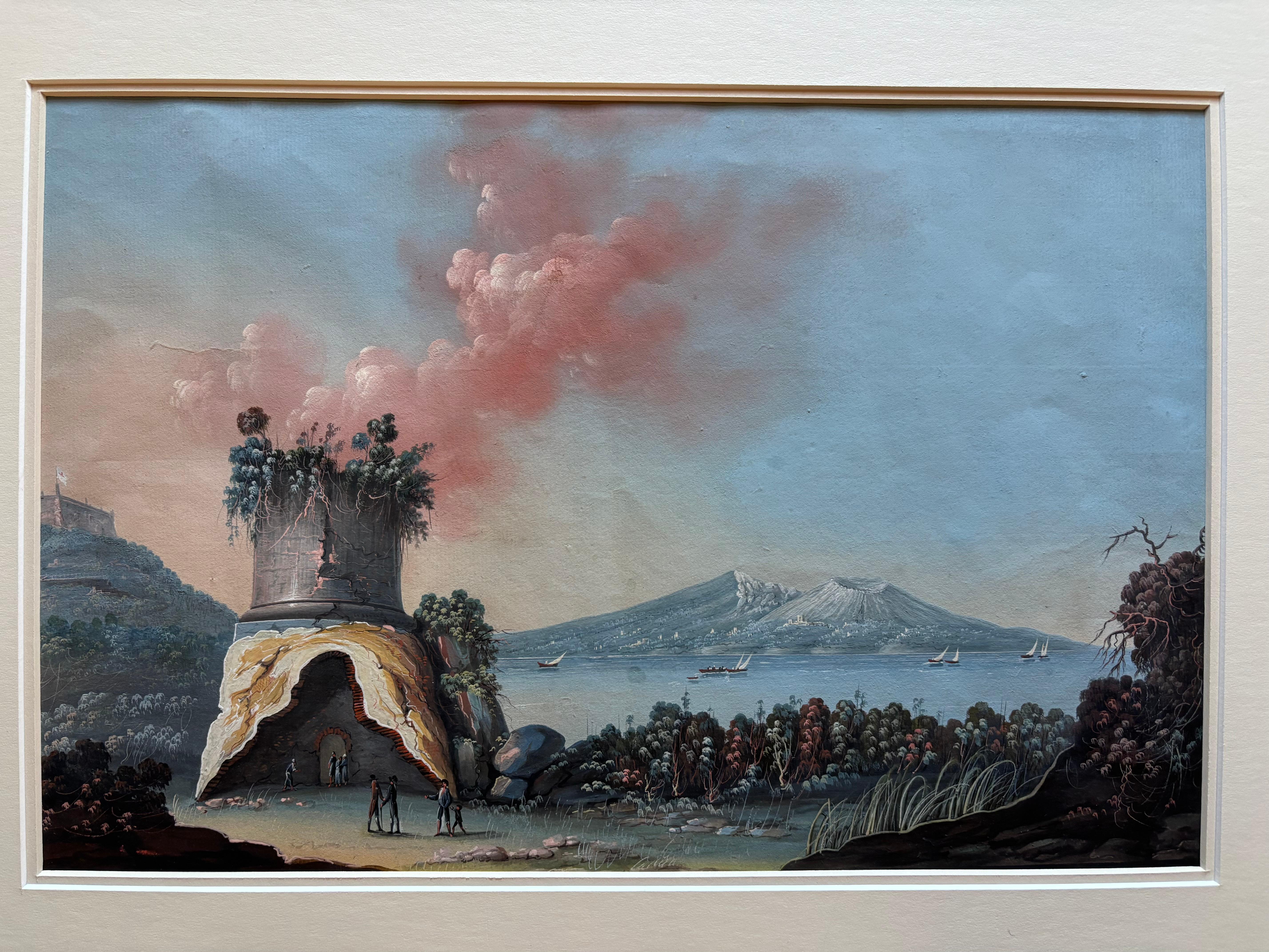 Hand-Painted Pair 18th or 19th Century Italian Grand Tour Gouaches Of Vesuvius, Bay of Naples For Sale