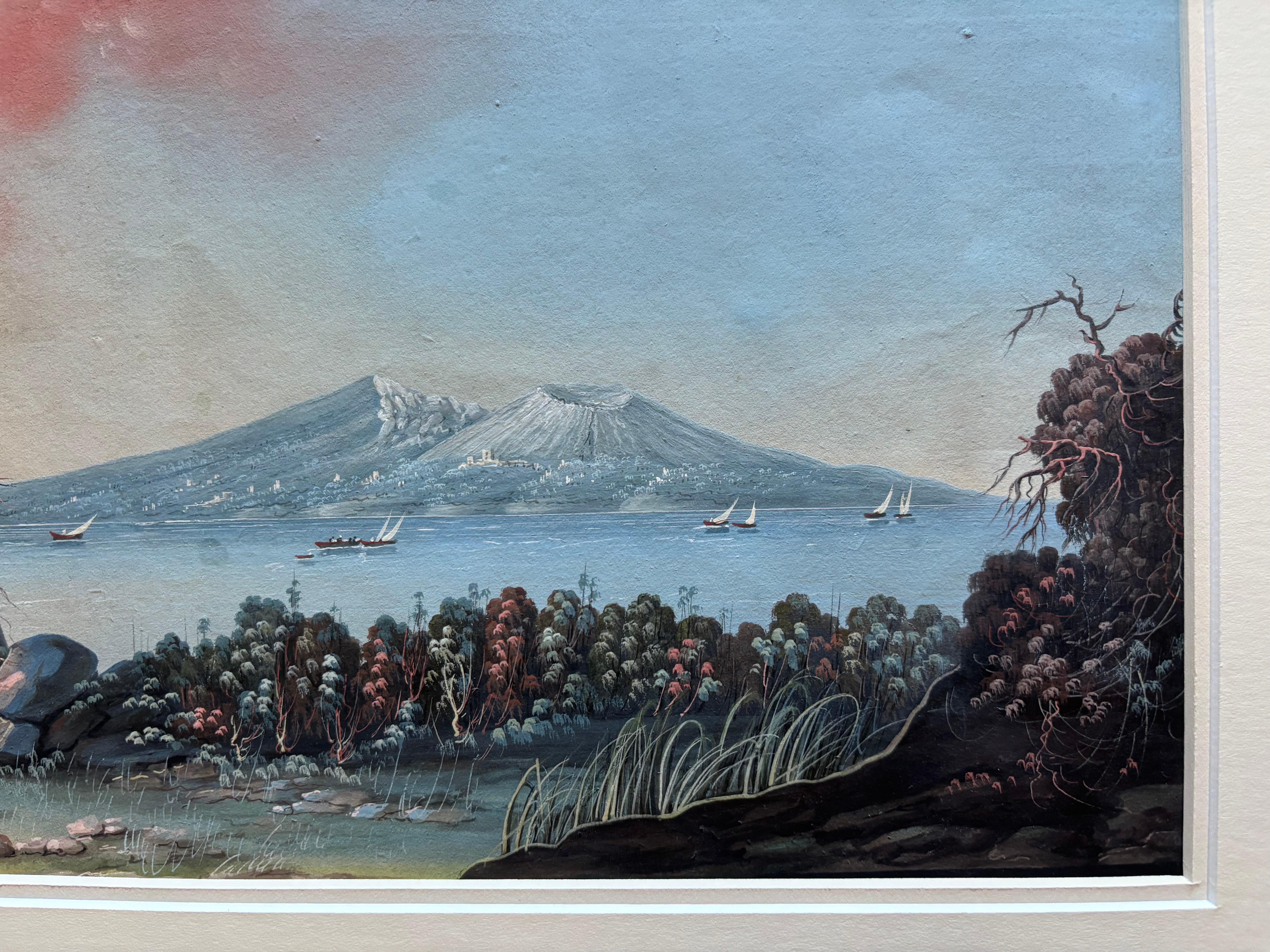 Pair 18th or 19th Century Italian Grand Tour Gouaches Of Vesuvius, Bay of Naples In Good Condition For Sale In Stamford, CT