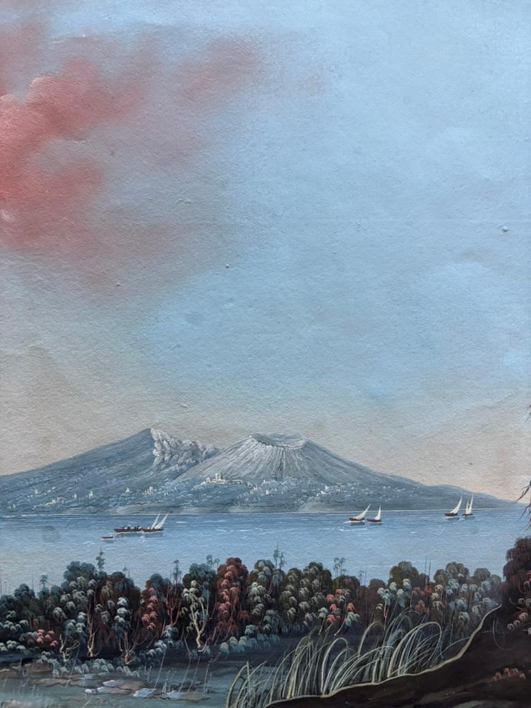 Paper Pair 18th or 19th Century Italian Grand Tour Gouaches Of Vesuvius, Bay of Naples For Sale