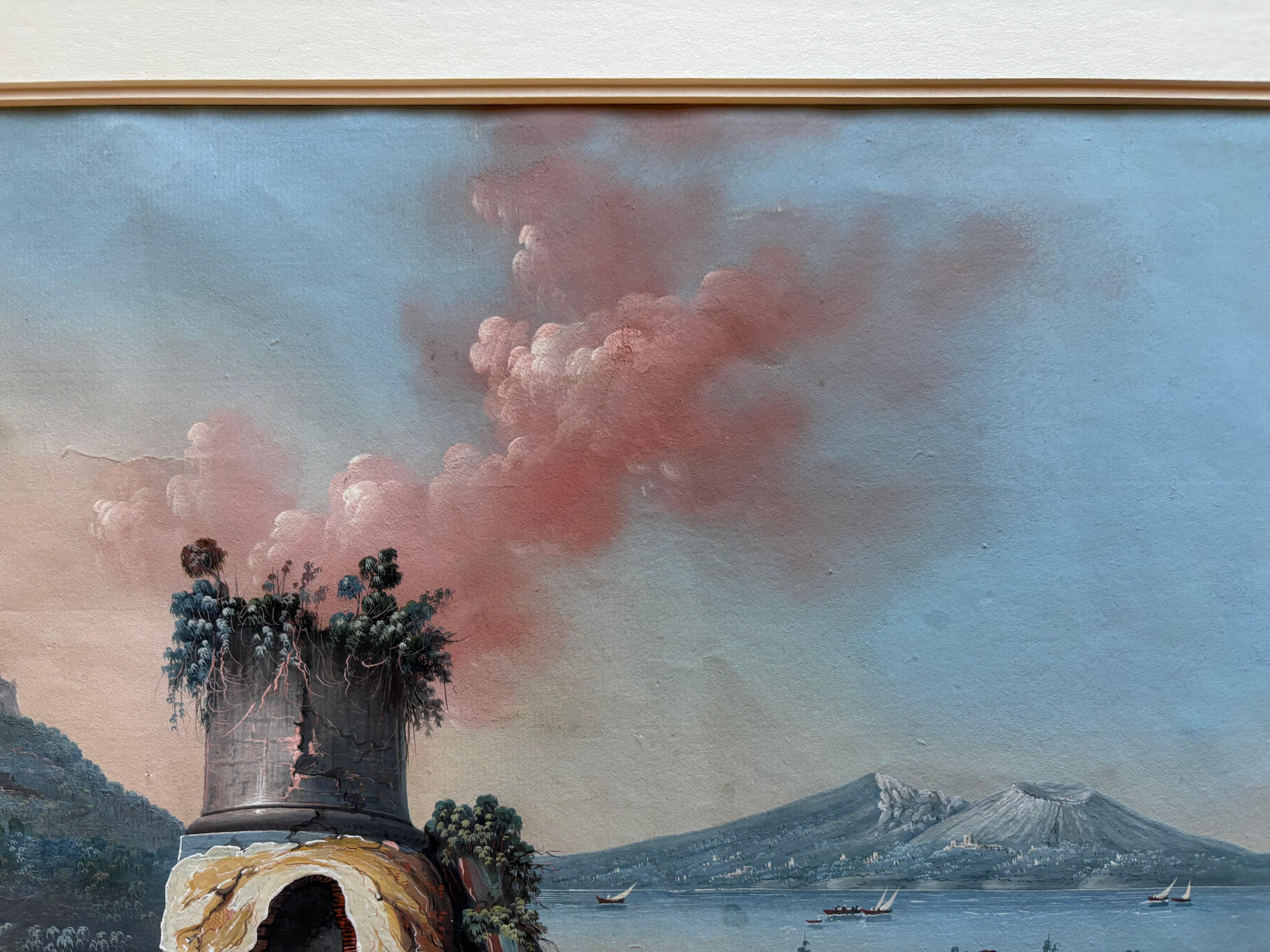Pair 18th or 19th Century Italian Grand Tour Gouaches Of Vesuvius, Bay of Naples For Sale 1