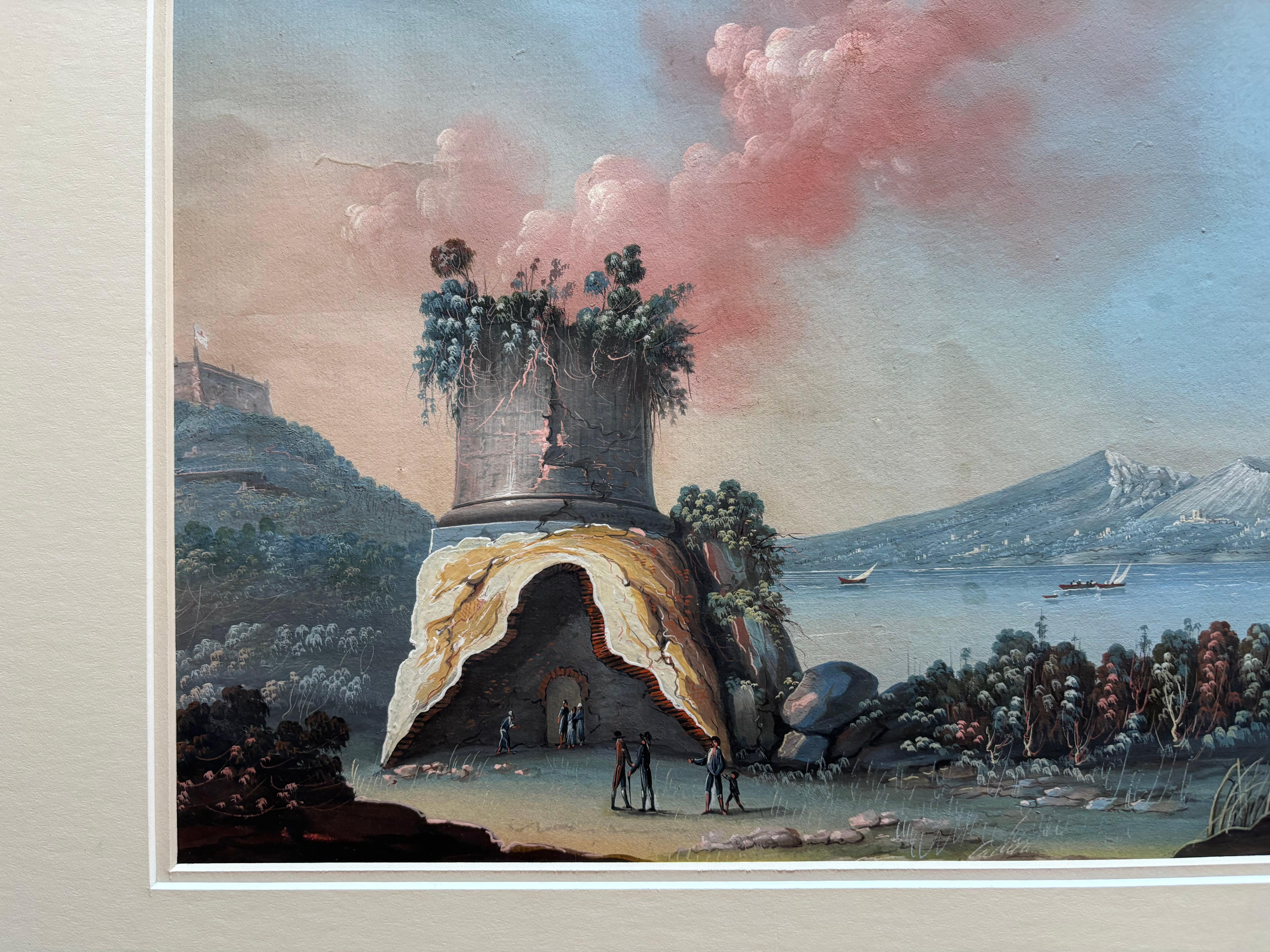Pair 18th or 19th Century Italian Grand Tour Gouaches Of Vesuvius, Bay of Naples For Sale 3