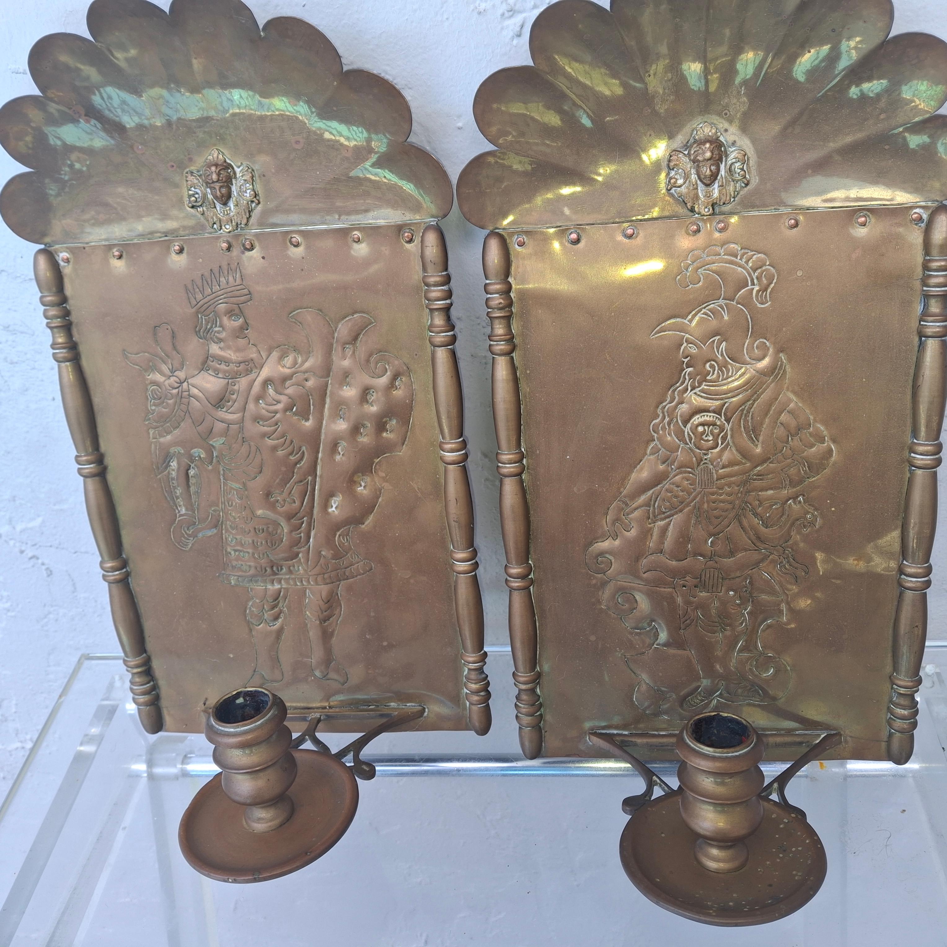Pair 18thc French Heraldic Louis XIV style Brass Wall Sconces - Original Candle For Sale 14