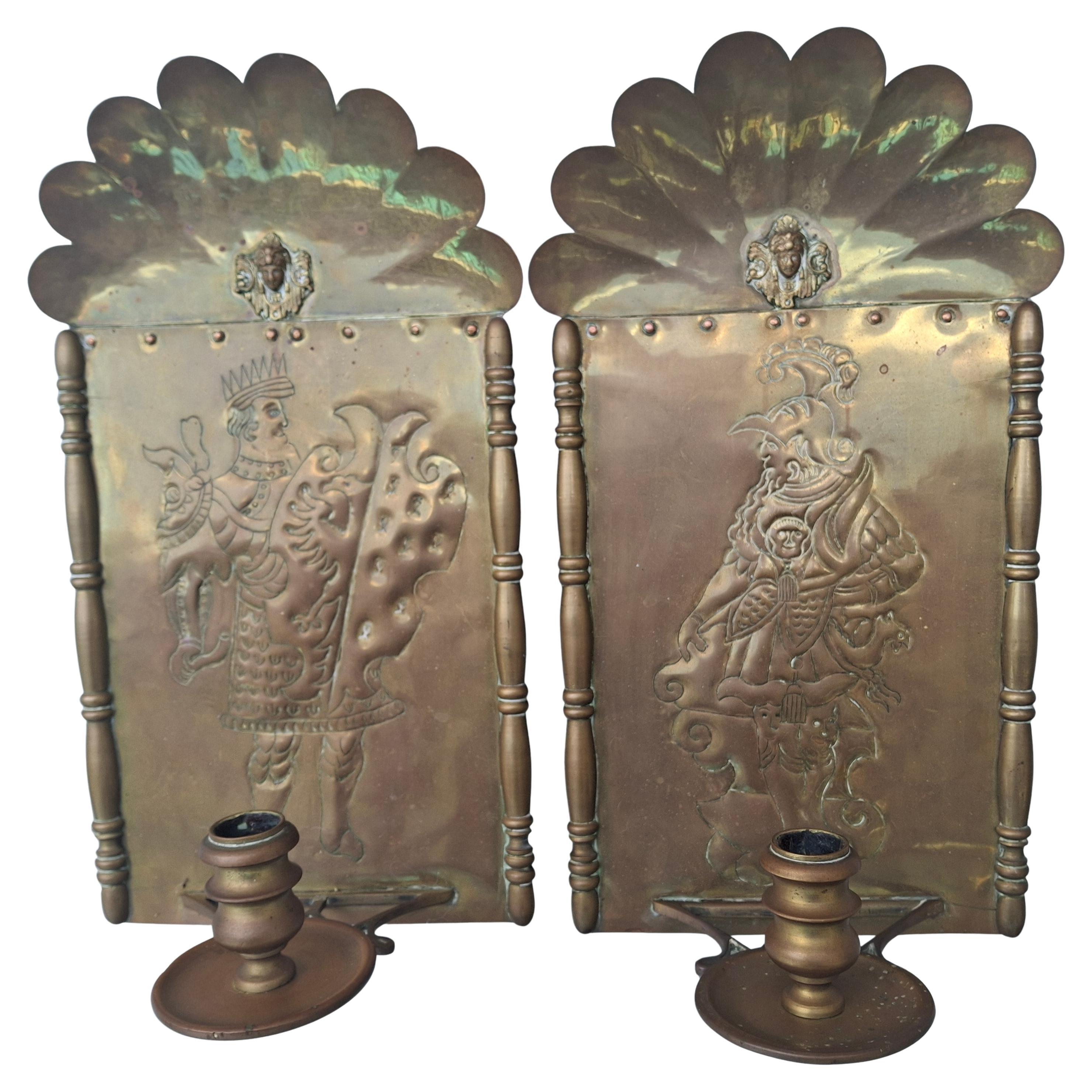 Pair 18thc French Antique Heraldic Louis XIV Brass Wall Sconces. Original candle lit. Highly detailed. Clam shell form top. Very high quality sconces. Easily wired for electricity.
