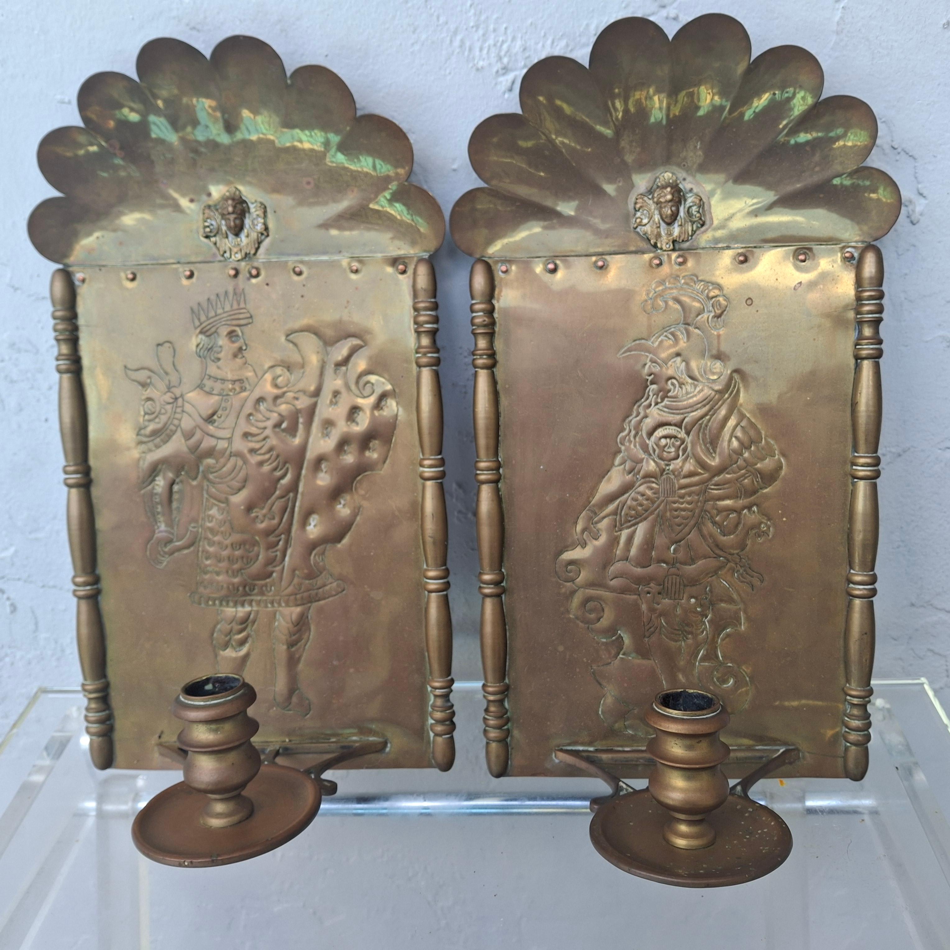 Pair 18thc French Heraldic Louis XIV style Brass Wall Sconces - Original Candle In Good Condition For Sale In Opa Locka, FL