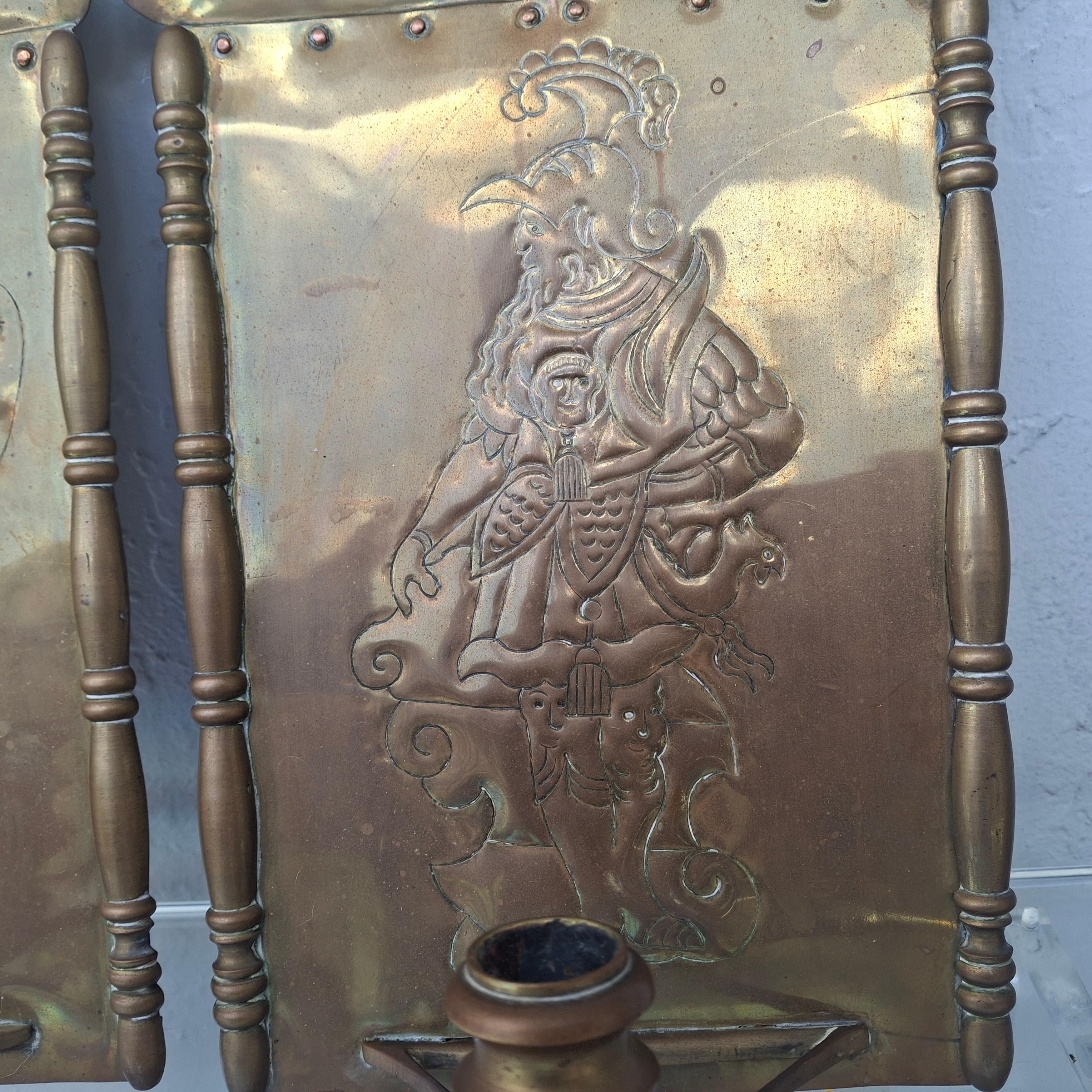 Pair 18thc French Heraldic Louis XIV style Brass Wall Sconces - Original Candle For Sale 2