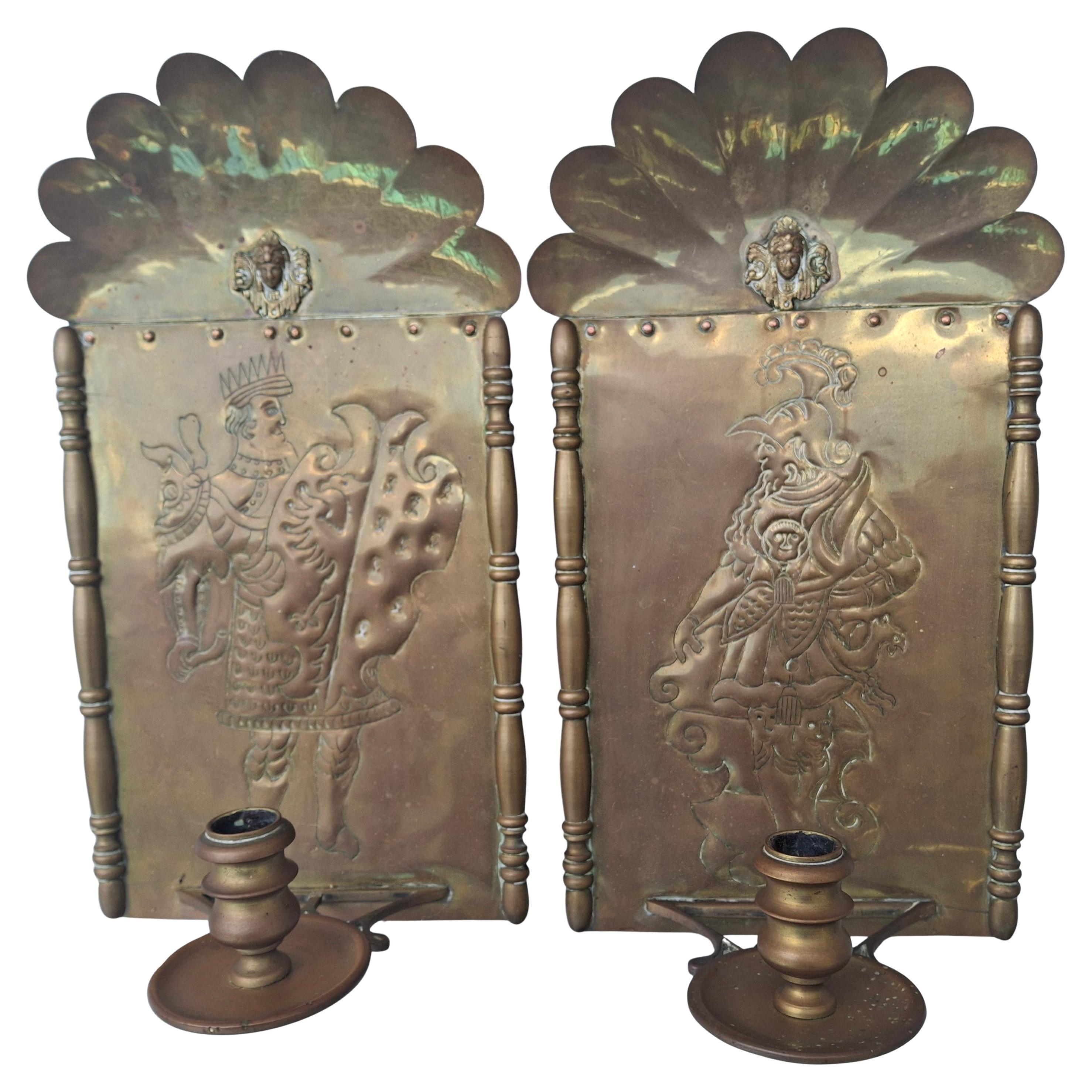 Pair 18thc French Heraldic Louis XIV style Brass Wall Sconces - Original Candle For Sale