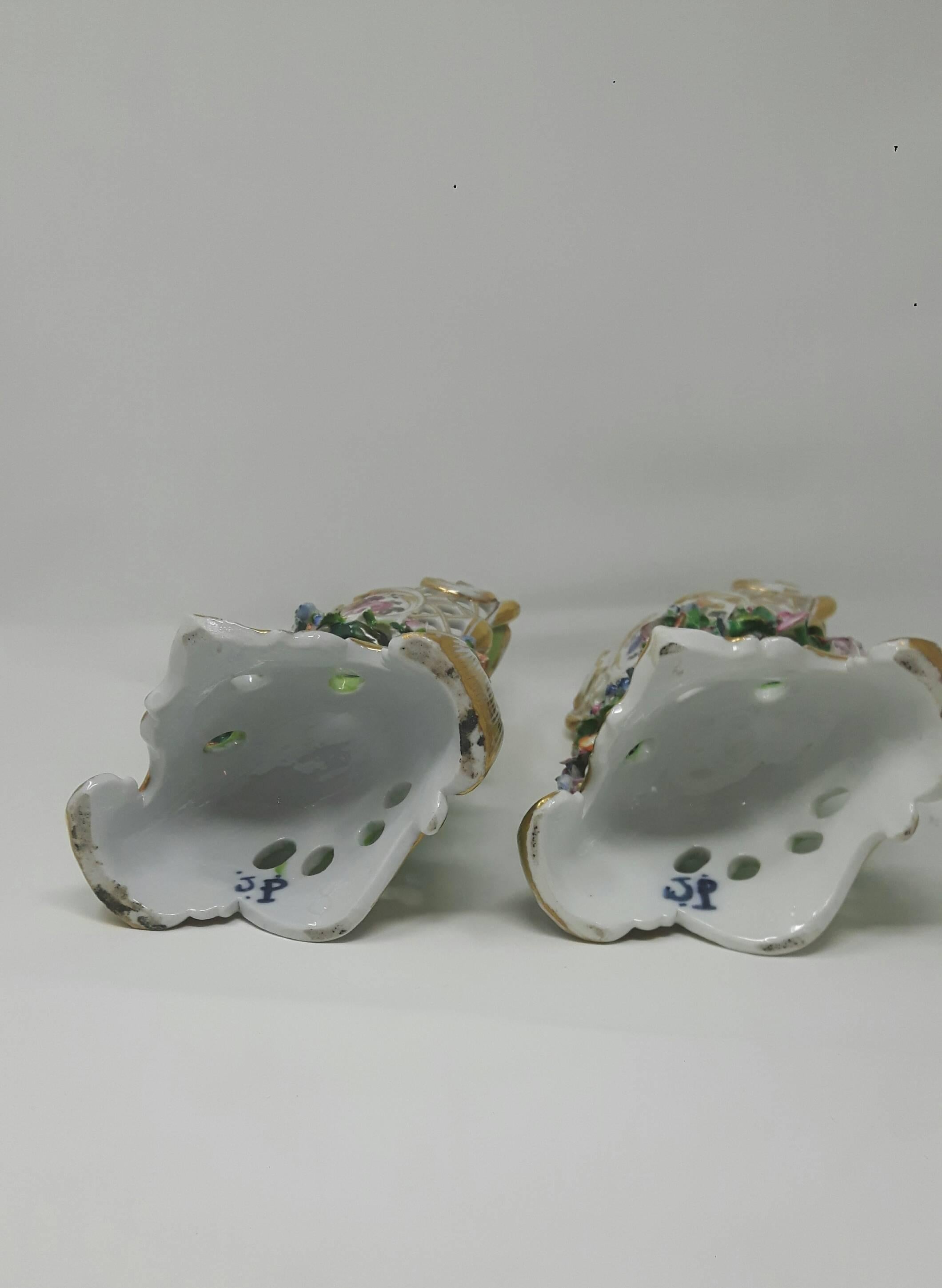 French Pair of 19th Century Flower Encrusted Vases For Sale