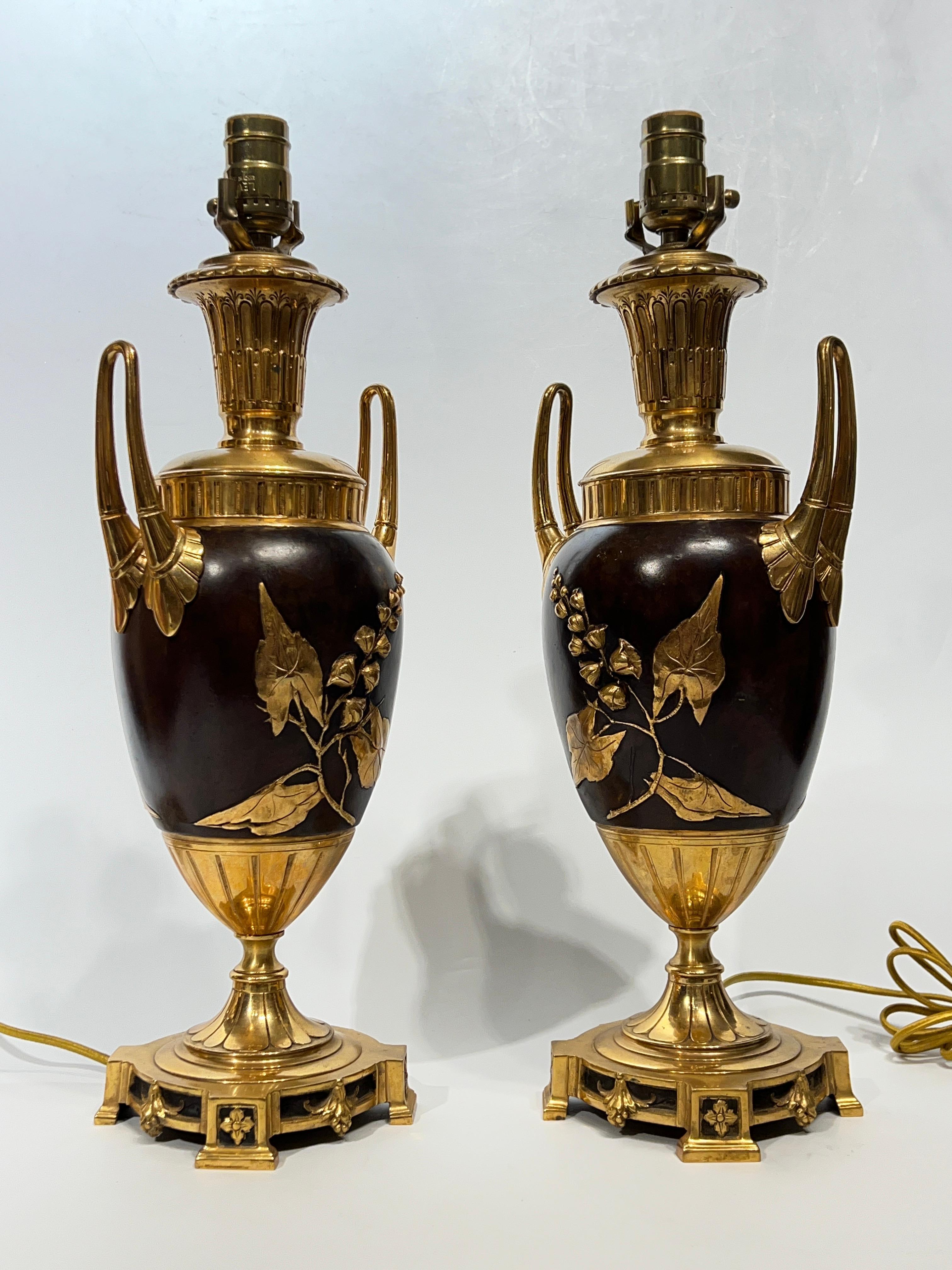 Pair 19 century French Gilt Bronze Aestethic  Urn Form Table Lamps For Sale 1