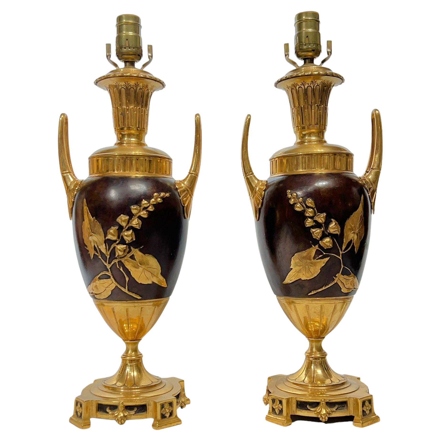 Pair 19 century French Gilt Bronze Aestethic  Urn Form Table Lamps For Sale
