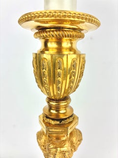 Pair 19 Century French Neo-Classical Gilt Bronze Candlestick Lamps