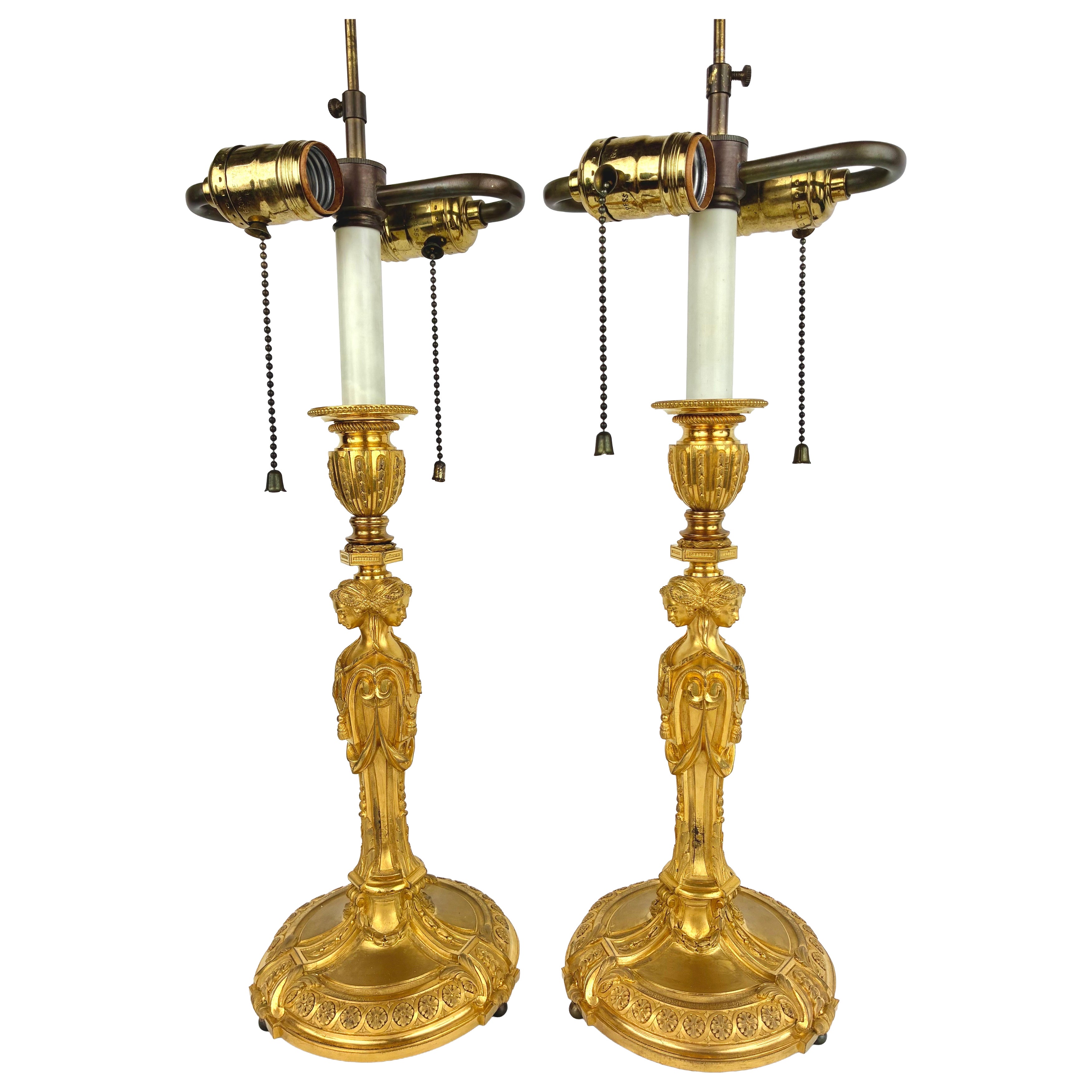 Pair 19 Century French Neo-Classical Gilt Bronze Candlestick Lamps