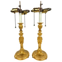 Pair 19 Century French Neo-Classical Gilt Bronze Candlestick Lamps
