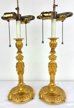 Pair 19 Century French Neo-Classical Gilt Bronze Candlestick Lamps