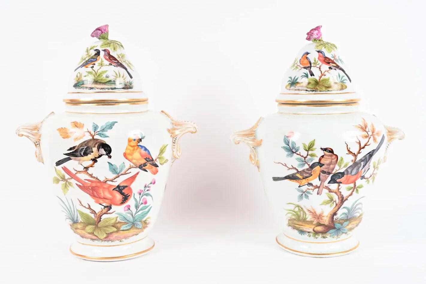 German Pair 19 Century of Potpourri Porcelain Birds Motif Jars by Fürstenberg