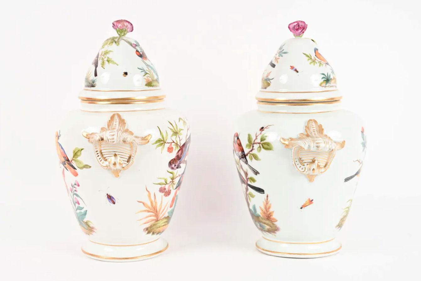 Hand-Painted Pair 19 Century of Potpourri Porcelain Birds Motif Jars by Fürstenberg