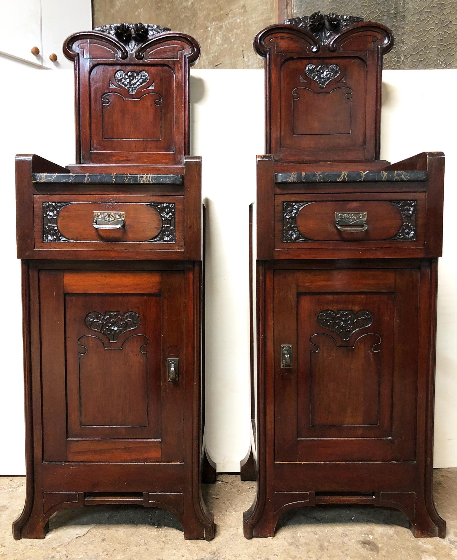 Pair 1900s Italian Art Nouveau Nightstands Mahogany Portoro Marble 8