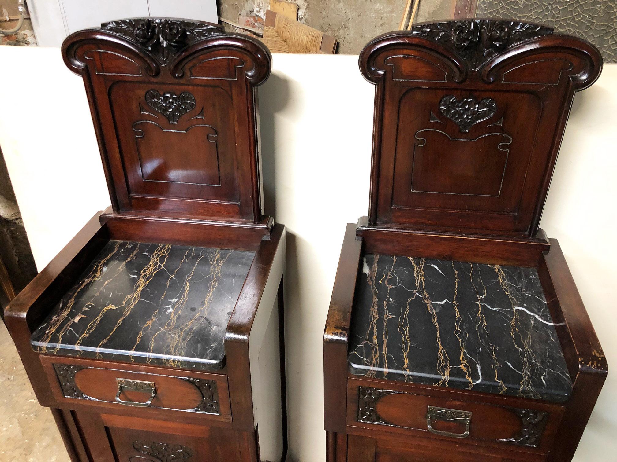 Pair 1900s Italian Art Nouveau Nightstands Mahogany Portoro Marble 15