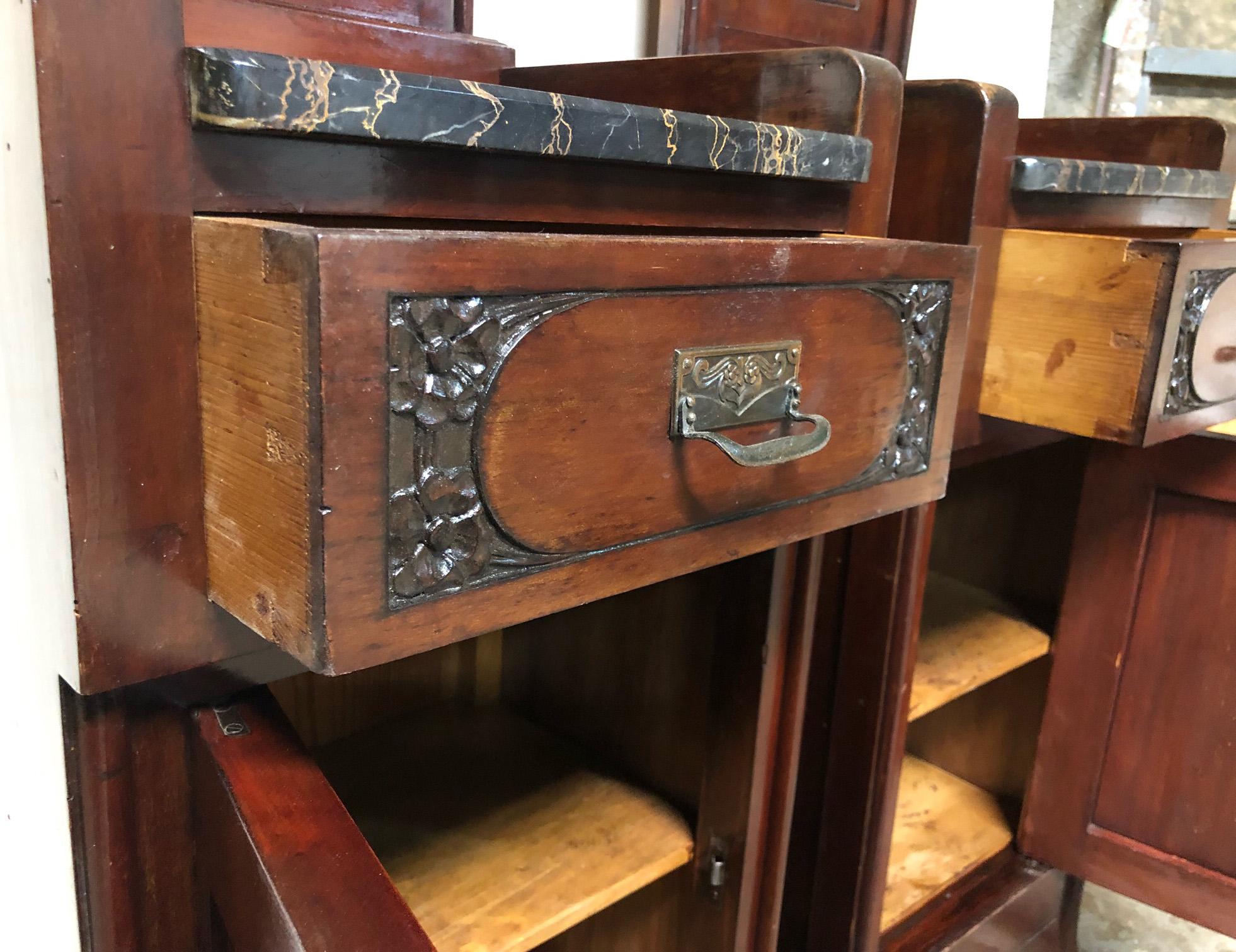 Pair 1900s Italian Art Nouveau Nightstands Mahogany Portoro Marble In Good Condition In Buggiano, IT