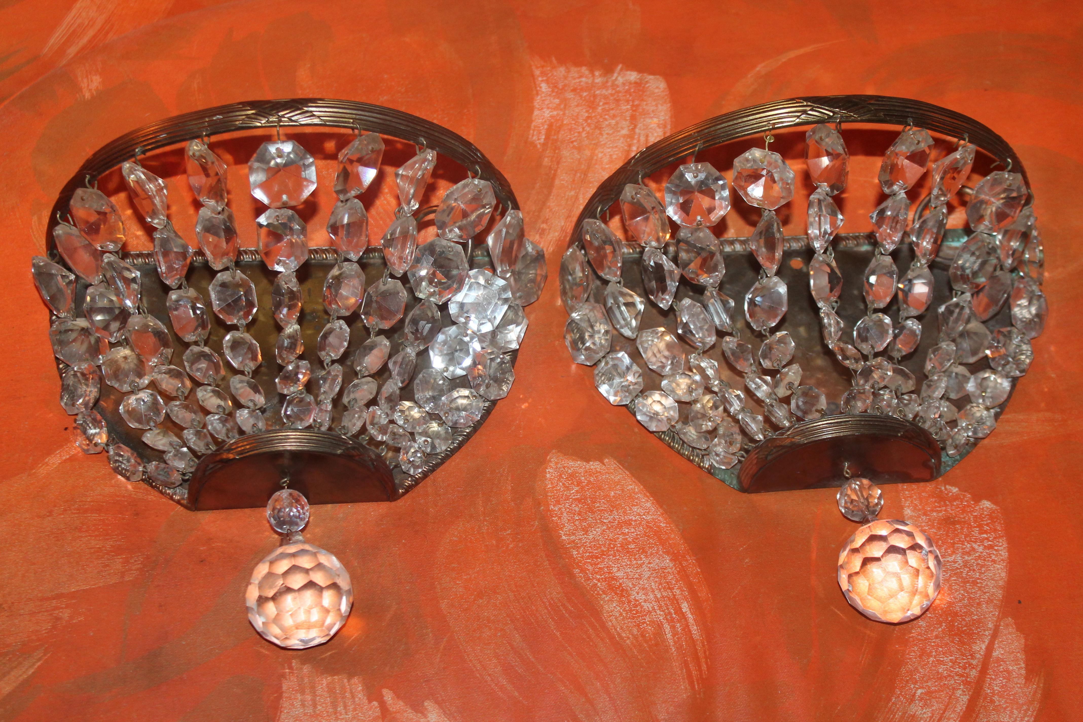 Early 20th Century Pair 1920 French Empire style Bronze Framed/ Cut Crystal Wall Sconces For Sale