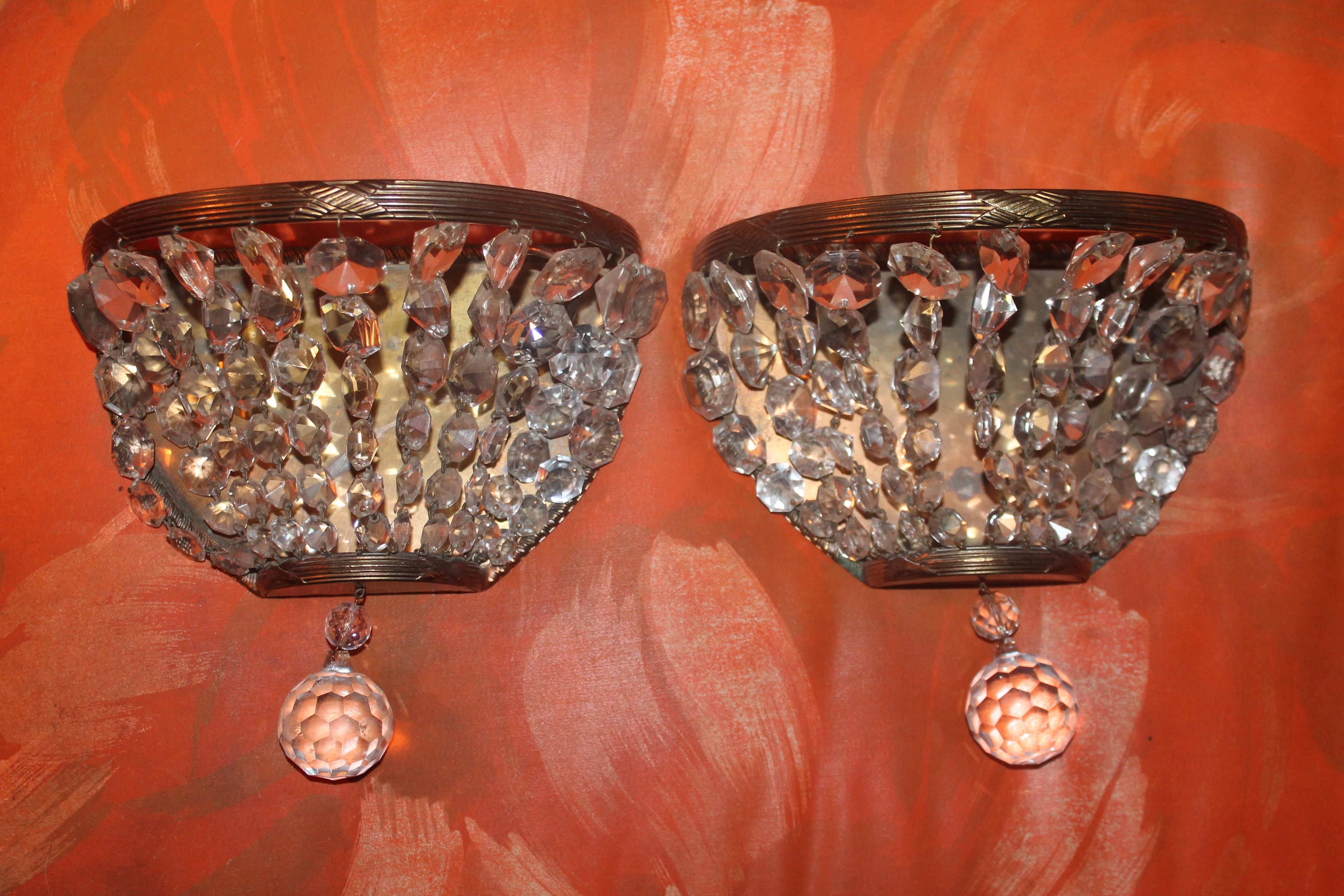 Pair 1920 French Empire style Bronze Framed/ Cut Crystal Wall Sconces For Sale 3