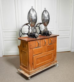 1920s Professional Vintage Barista Coffee Grinder Mill On Original Cabinet.