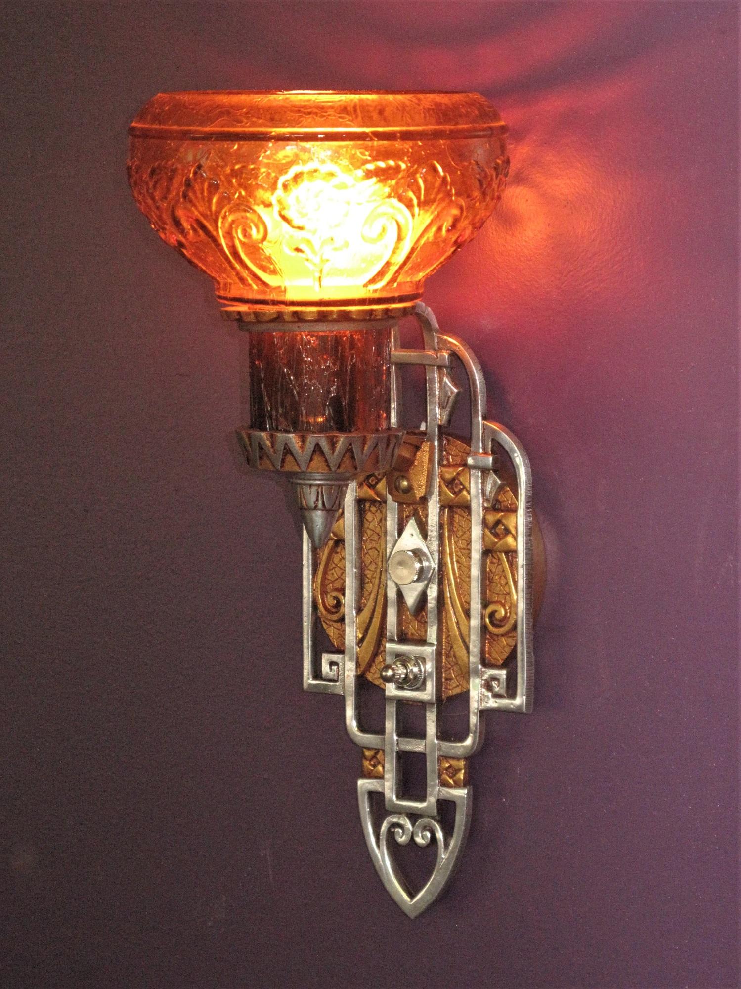Pair 1920s/30s Sconces with an Art Deco & Spanish Revival Marriage In Good Condition For Sale In Prescott, US