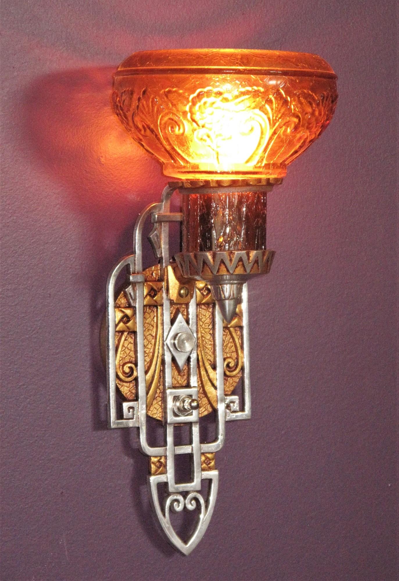 Pair 1920s/30s Sconces with an Art Deco & Spanish Revival Marriage For Sale 1